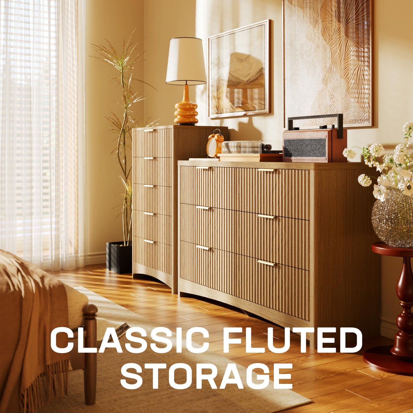 Marsail Fluted 5-Drawer Tall Wooden Dresser, Smooth Gliding Drawers & Large Capacity Storage Space, Modern Organizer Cabinet for Bedroom or Hallway, Natural Oak