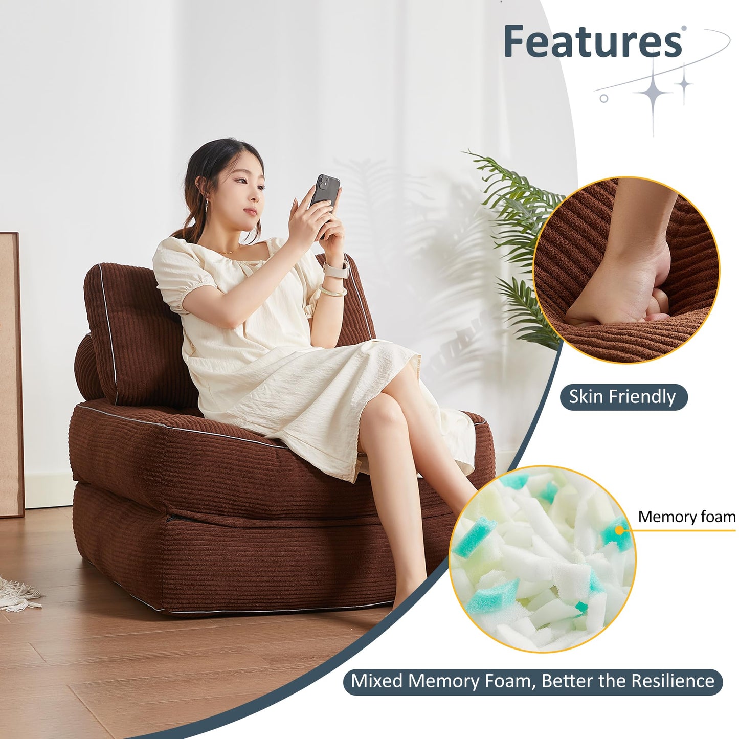Afuson Folding Chair Bed, Futon Sofa Bed, Floor Couch for Adults Chair Bed for Living Room, Lounge Sofa, Convertible Sofa Bed, Small Couches for Small Spaces,Brown