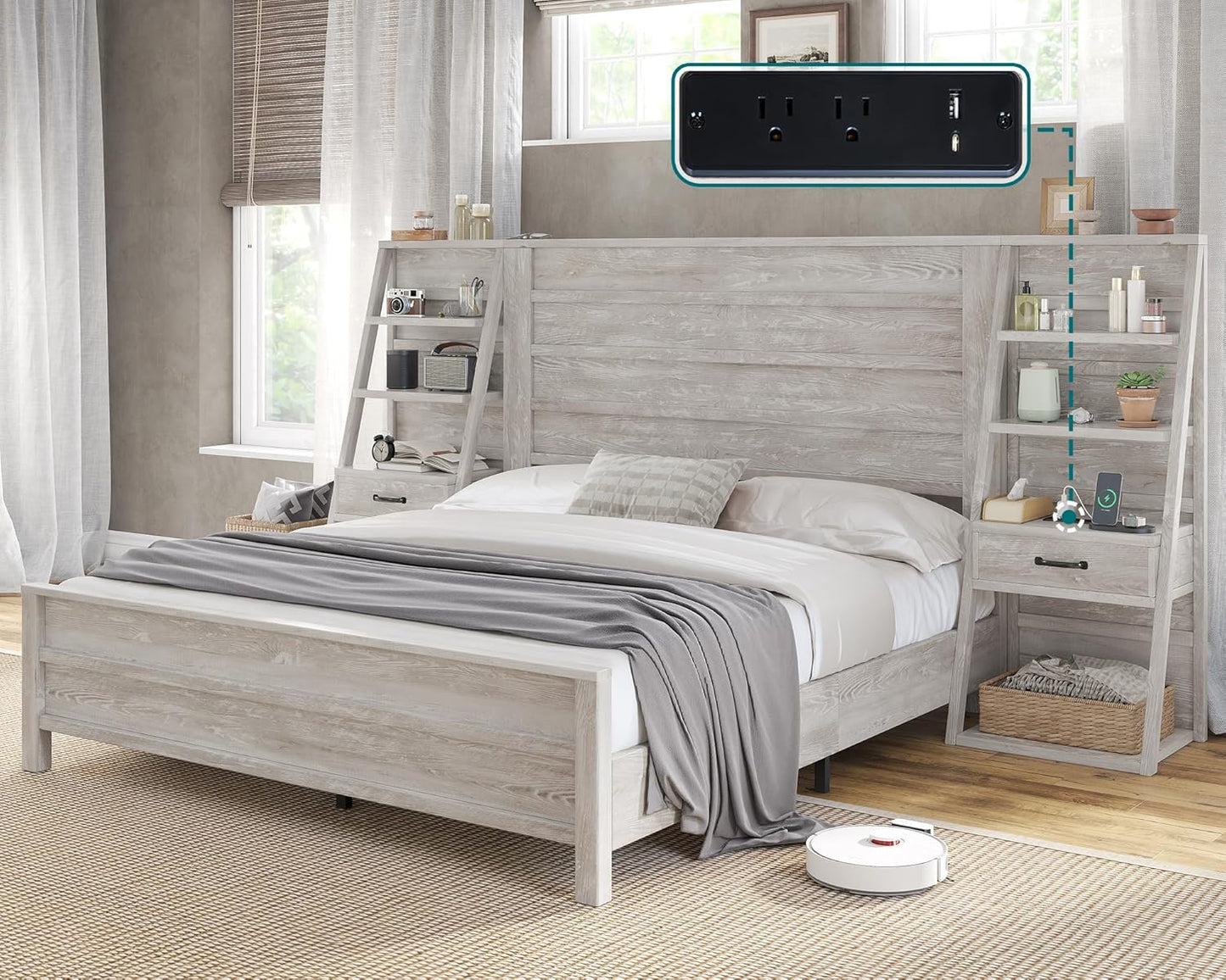 AMERLIFE Queen Bed Frame with Bookcase Headboard & 4-Tier Bedside Shelf, Farmhouse Platform Bed with Charging Station and 2 Drawers, Noise-Free,