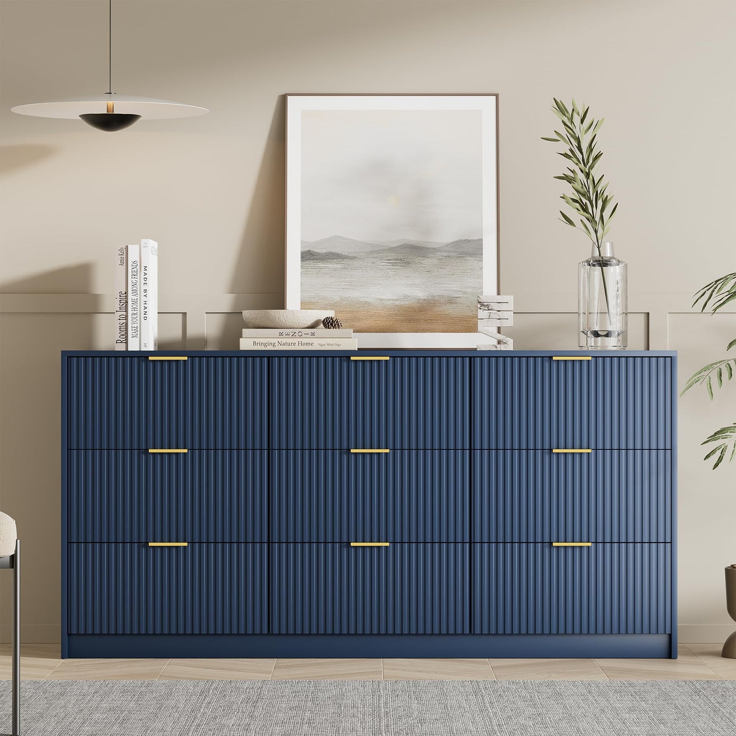 Furniway Blue Dresser for Bedroom, Modern Dresser with 9 Drawers and Smooth Slides, Wide Chest of Drawers with Golden Handles for Bedroom, Living Room, Closet, 15.7" D x 63" W x 31.5" H
