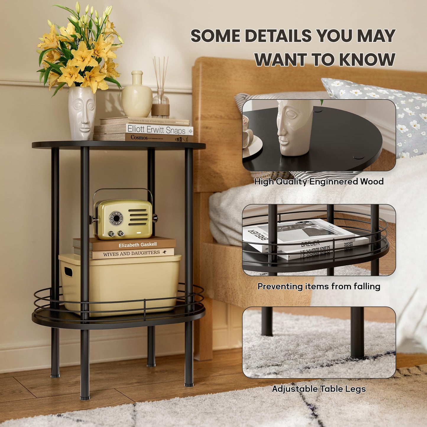 DGSANDGO Small Round Side Table,Bedside Table with Storage, Morden Round Nightstand, Samll Side Table for Living Room，Bathroom，Bedroom, Nursery, Laundry, Black