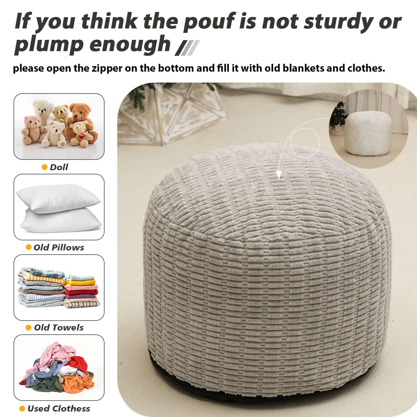 Round Stuffed Pouf Ottoman for Foot Rest, Storage Ottoman Pouf Foot Stool Cushion, Faux Fur Poufs with Foam Chunk Filling, 26 X 18 Inch Floor Chair for Living Room Bedroom Home Decor, Light Gray