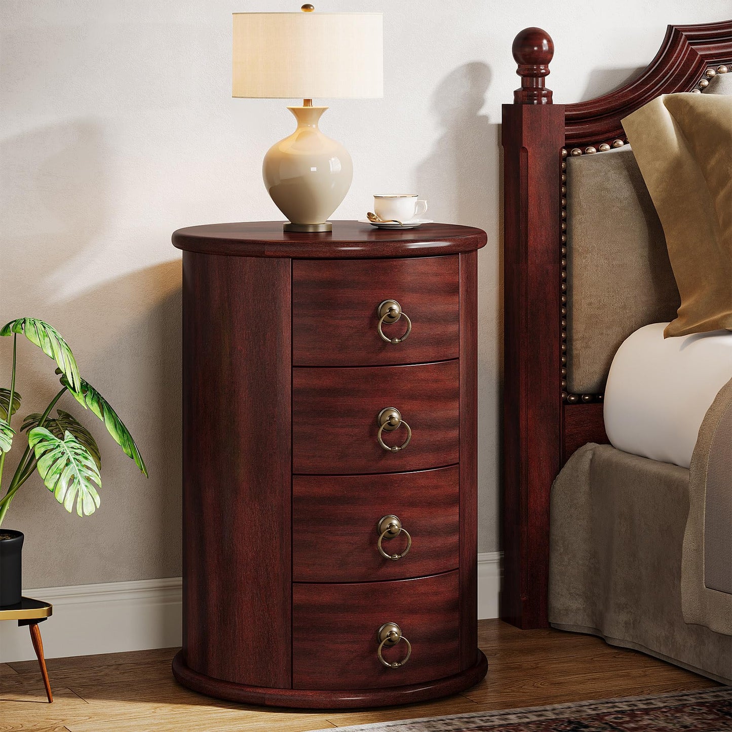 Tribesigns Solid Wood Nightstand, Round Night Stand with 4 Drawers, Rustic Bedside Table Tall Nightstand for Bedroom, Living Room, No Assembly Required (1)