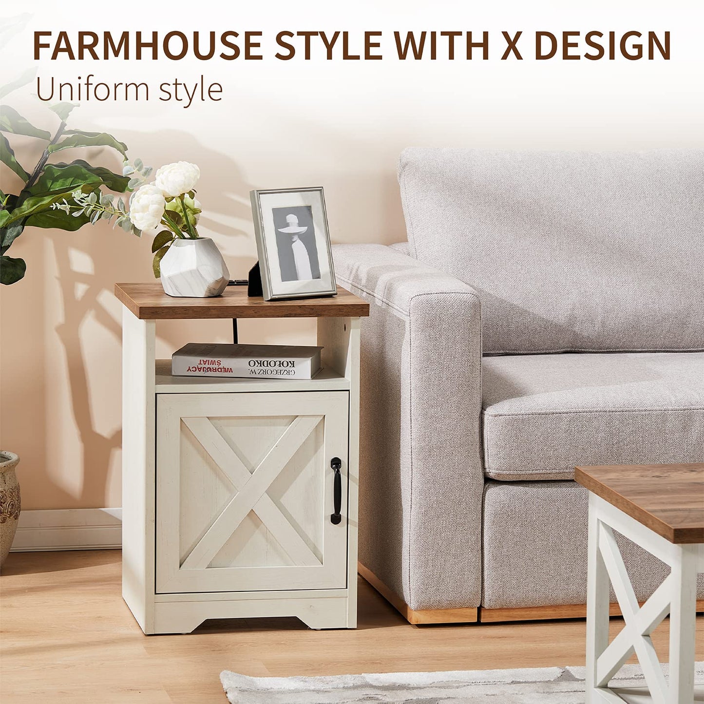 AMERLIFE 3-Piece Farmhouse Living Room Table Set with Coffee Table & 2 End Tables, Charging Station & USB Ports, Distressed White