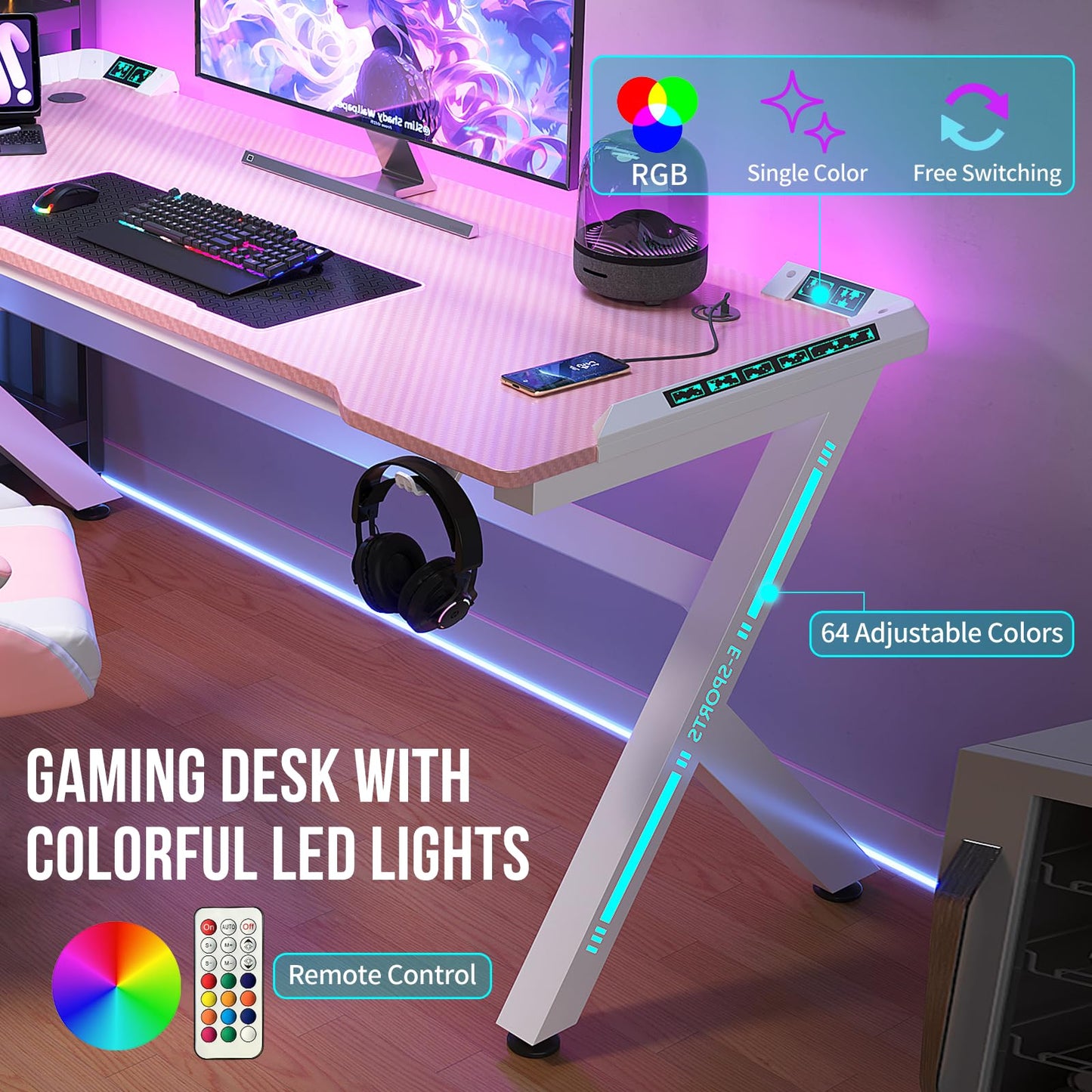 AZN Gaming Desk with LED Lights, Home Office Desks, Computer Desk Gaming Small Desk for Bedroom, Study Table with USB Charging Ports (Pink, 55 Inch)