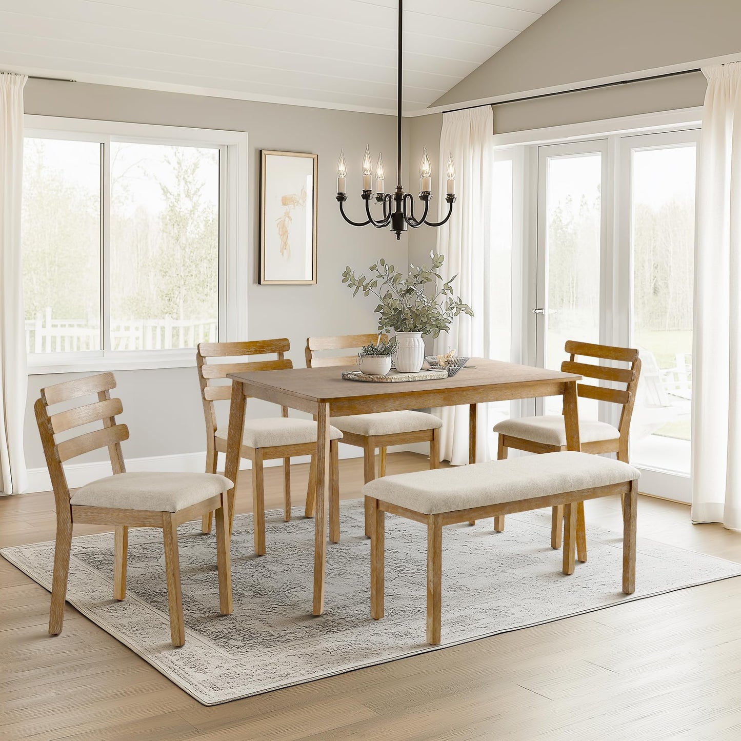 SIMTONAL 6-Piece Farmhouse Dining Set, Mid-Century Modern Wooden Table & Upholstered Chair Set for Home, Kitchen, Dining Room, 4 Chairs, Bench Seat, Solid Wood Legs