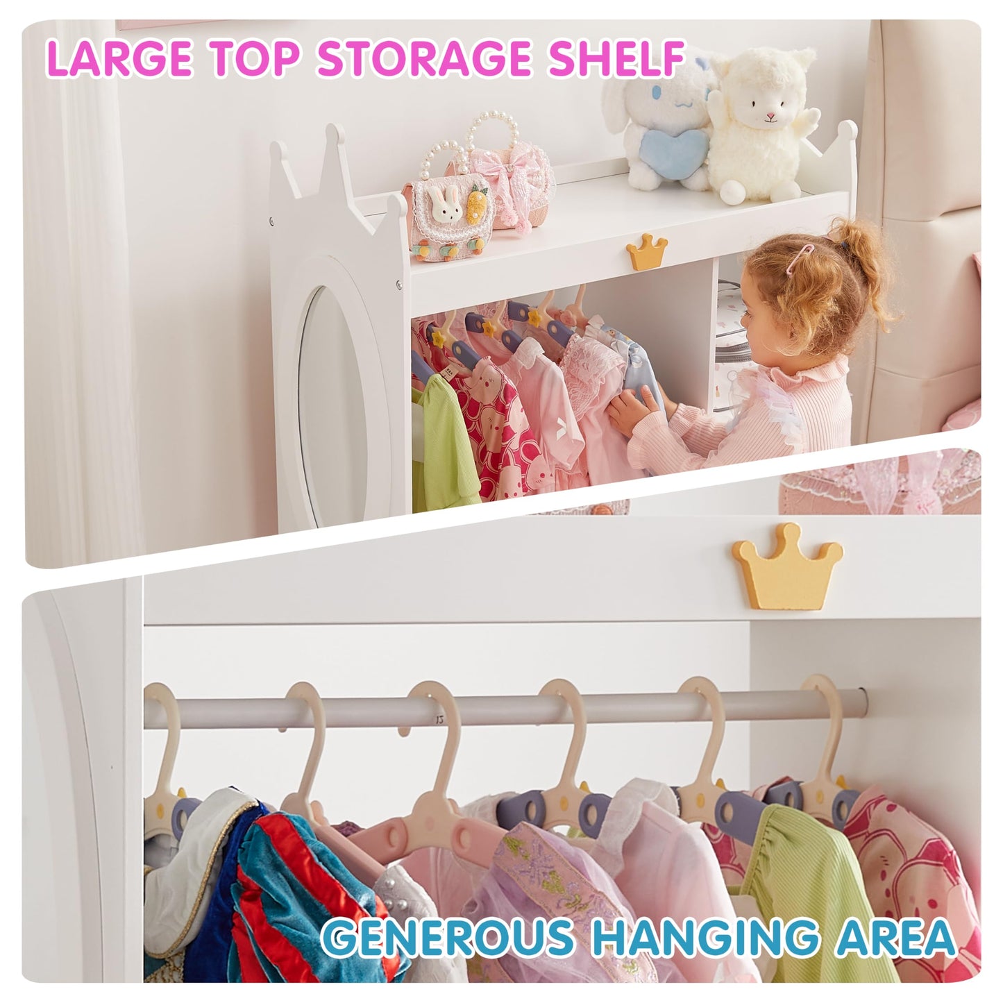 GTOLV Kids Dress Up Storage Mirror w/ 2 Bins, Cloth Hanger - Kids Play Armoire Dresser Pretend Closet for Bedroom