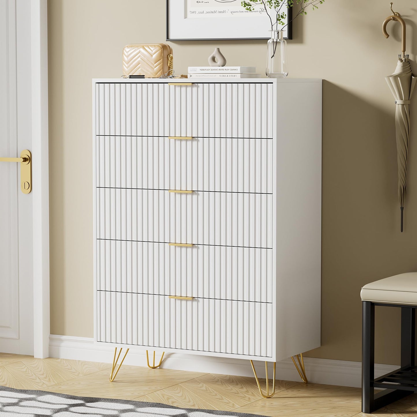 Furniway White Dresser for Bedroom, Fluted Modern Dresser with Gold Pulls and 5 Drawers, 15.7" D x 31.5" W x 47.2" H