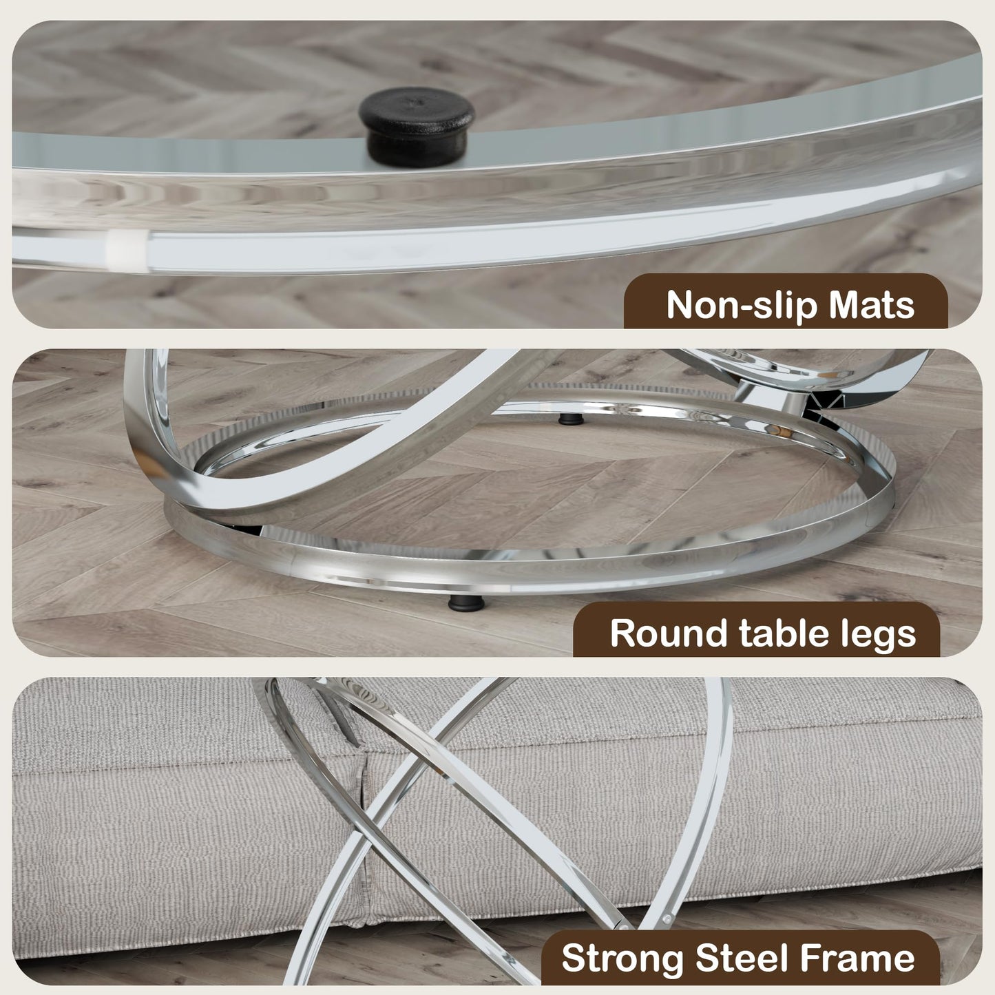 Otterease 31" Glass Coffee Table, Modern End Table with Ring Silver Metal Frame, Round Glass Coffee Table for Decoration, Small Silver Coffee Tables for Living Room, Study Room, Office