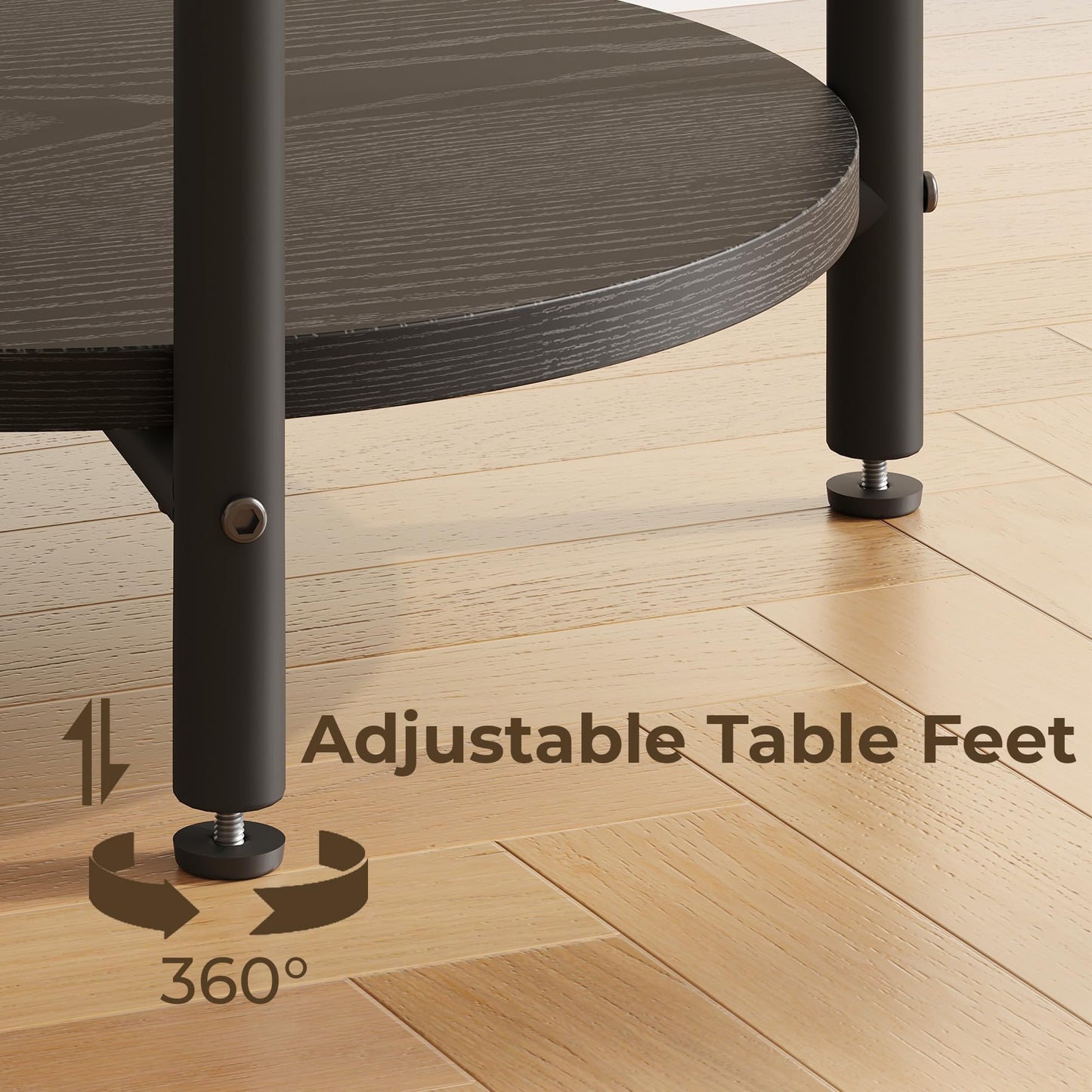 LIKIMIO Round Side Table with Charging Station, 2-Tier Wooden End Table with Lower Shelf, 15.8" W Modern Wooden Nightstand for Small Spaces, Living Room, Bedroom, Black
