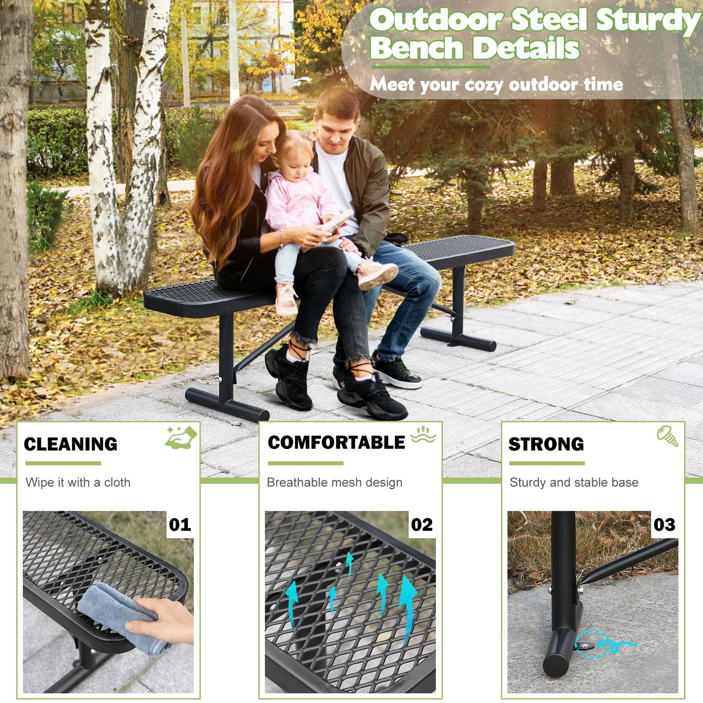 Heavy Duty Outdoor Metal Garden Park Bench, Steel Picnic Bench, Metal Mesh Outdoor Bench Porch Chair for Garden, Lawn, Patio, Porch, Park, Yard, Patio (Black, 6FT)