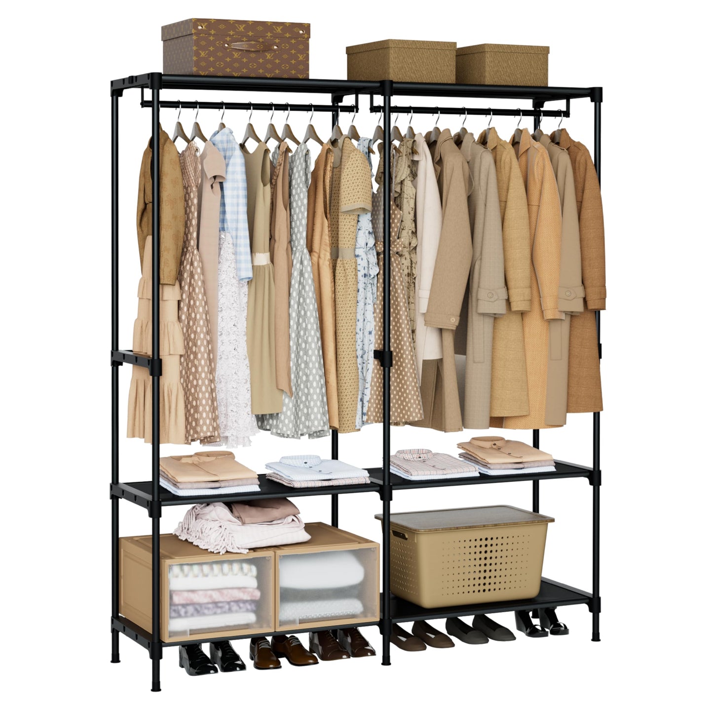 CASAMAYA Clothes Rack, Portable Closet, 54.3 Inch Large Capacity Wardrobe Closet, Clothes Storage Organizer with Shelves and 2 Hanging Rods, Easy to Assembly, Black PCT002B01