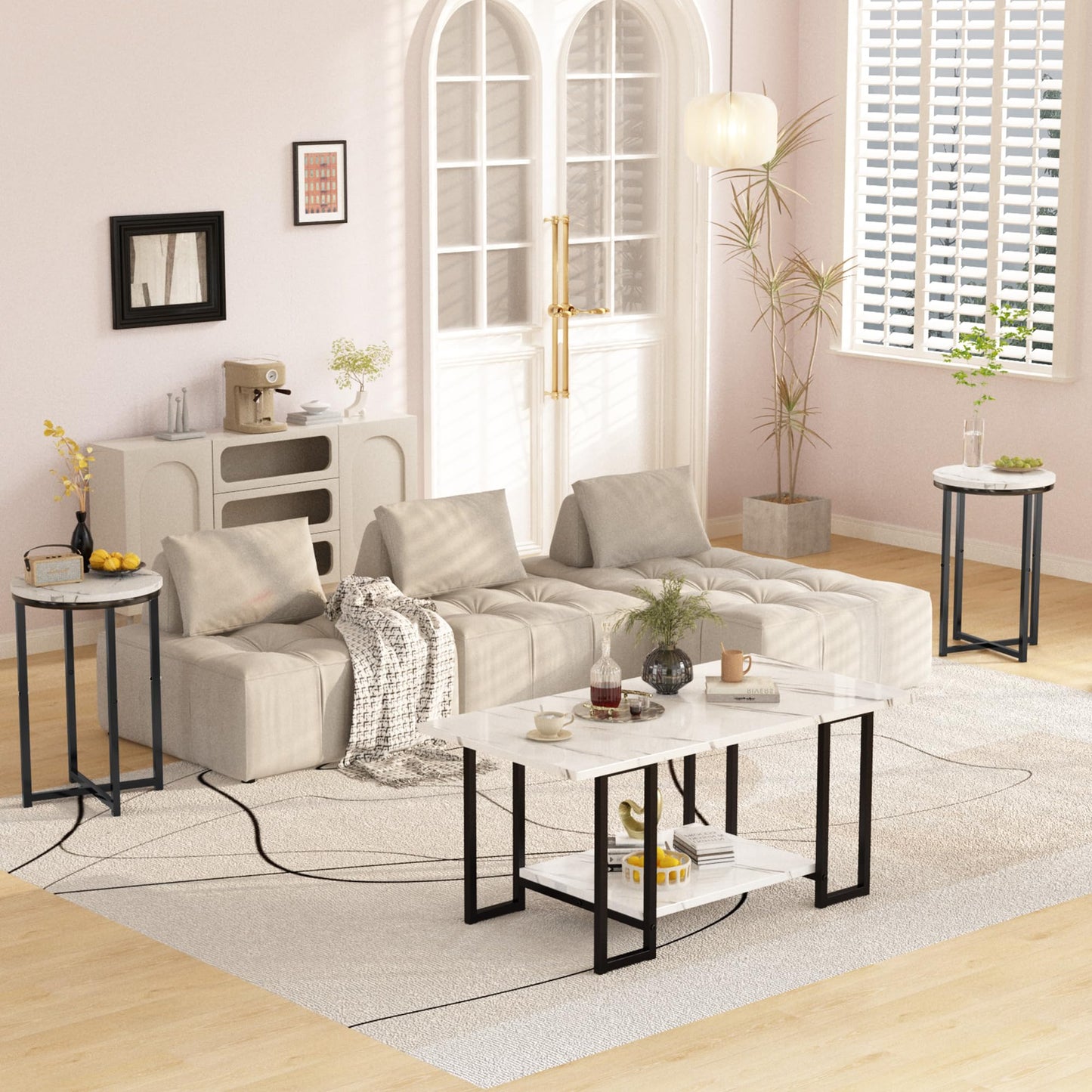 Lamerge 3 Pieces Living Room Table Set, Faux Marble Coffee Table with 2 Round End Side Tables, Coffee Table Set with Metal Frame for Apartment Home Office, White Black
