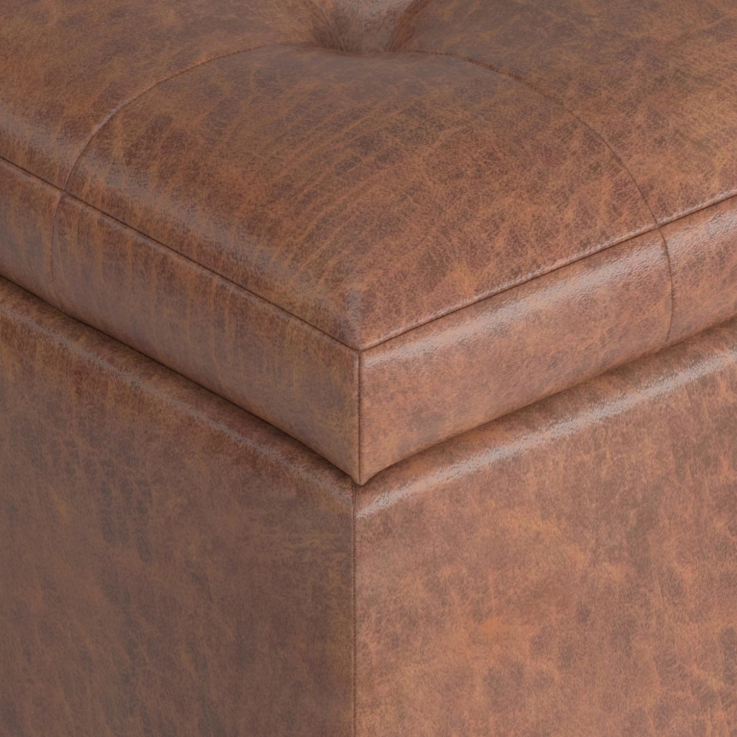 SIMPLIHOME Cosmopolitan 34 inch Wide Transitional Rectangle Storage Ottoman in Distressed Saddle Brown Vegan Faux Leather, Assembled, For the Living Room, Entryway and Family Room