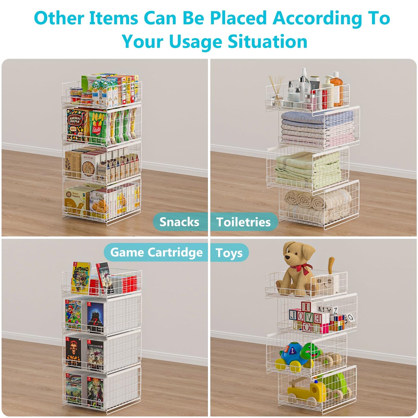 Hongtamoya 4-Tier Stackable Closet Organizers and Storage Shelves, Sliding Storage Basket Clothes Bins Drawer Shelf Container for Wardrobe Kitchen Bathroom Office, White