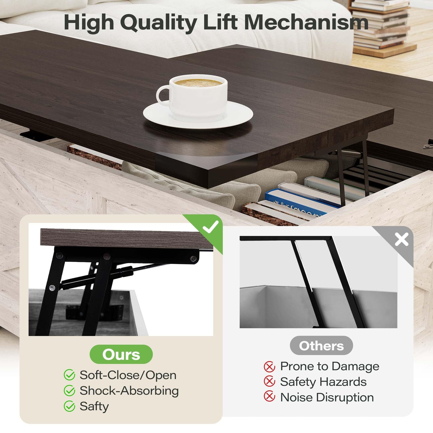 LAUSAINT HOME Farmhouse Lift Top Coffee Table with Large Hidden Storage Compartment, Wood Square Center Table with Lifting Top for Living Room, Home Office, White