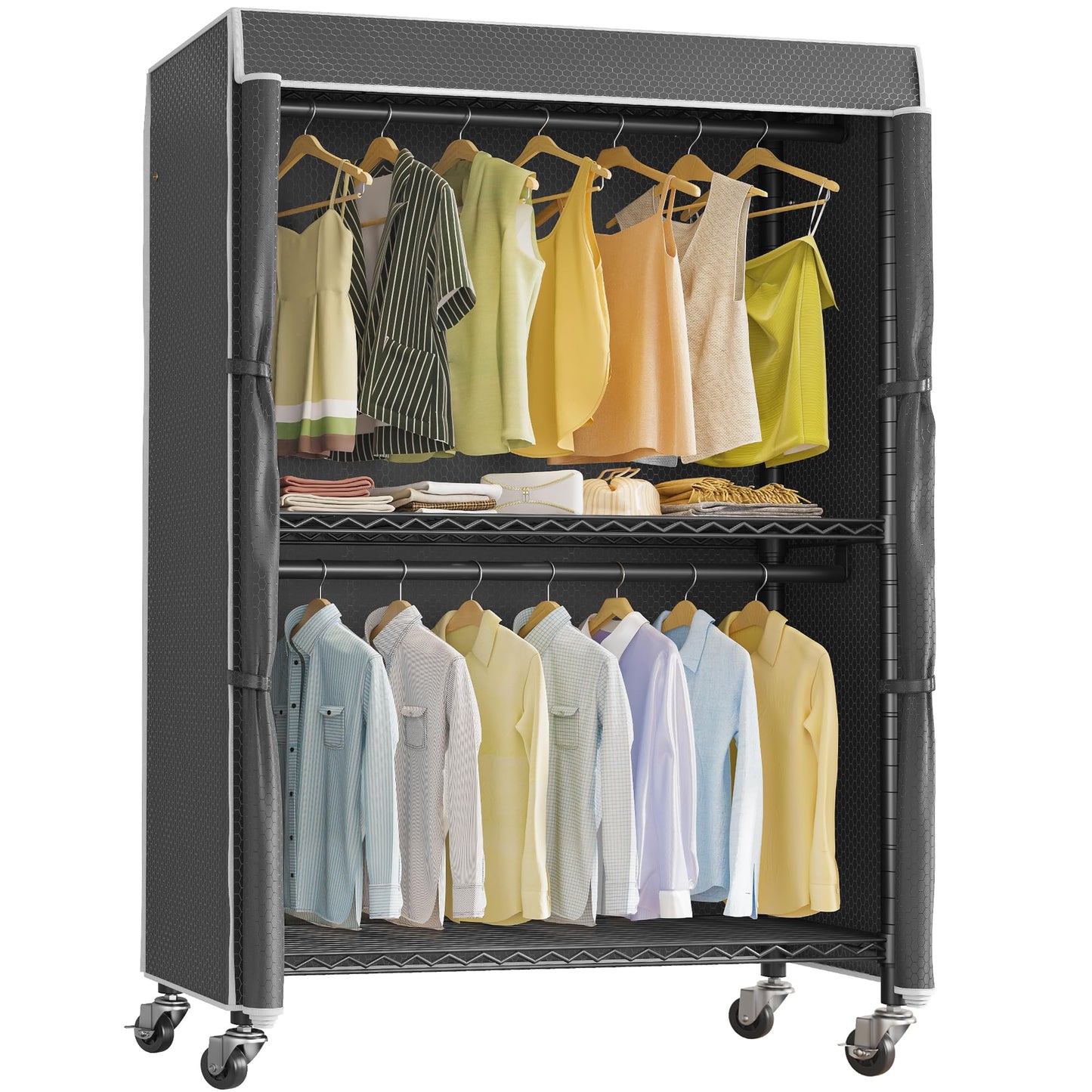 VIPEK R2C Plus Heavy Duty Rolling Garment Racks with Cover Clothing Rack for Hanging Clothes Portable Closet with Adjustable Wire Shelving & Double Rods, Black Rack with Black Upgarded Polyester Cover