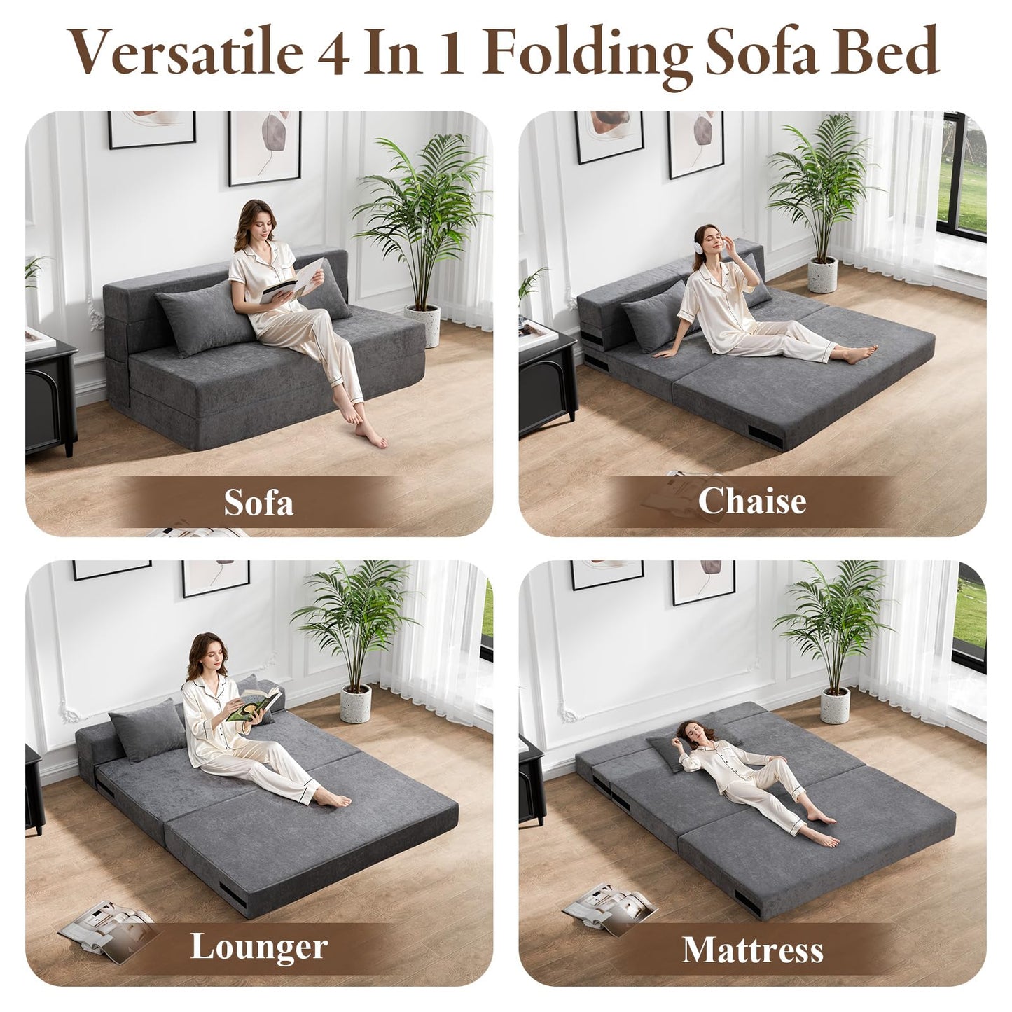 HOMFINE Folding Sofa Bed - Convertible Sleeper Chair with Pillow, Fold Out Couch, Foam Floor Mattress, Futon Couch, Lazy Sofa for Living Room/Dorm/Guest Room/Home Office, Queen, Grey