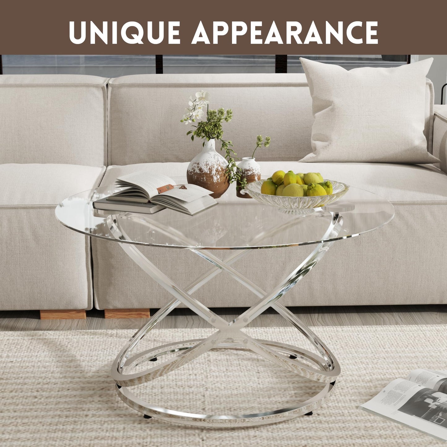 Otterease 31" Glass Coffee Table, Modern End Table with Ring Silver Metal Frame, Round Glass Coffee Table for Decoration, Small Silver Coffee Tables for Living Room, Study Room, Office
