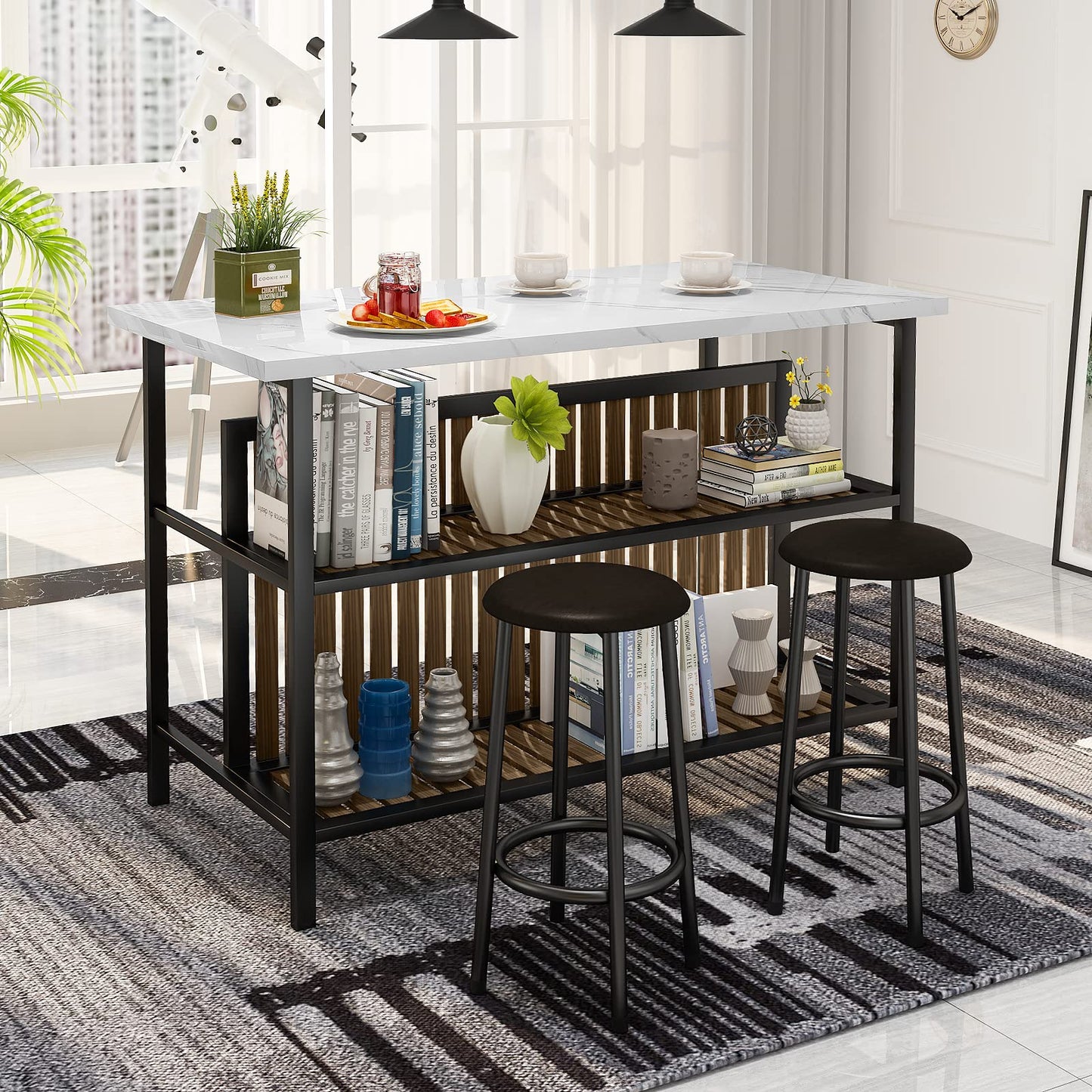 Lamerge 3 Piece Bar Table and Chairs Set, Industrial Bar Table Set with Storage Shelves,Marble Counter Height Table with 2 Bar Stools,Modern Pub Table Dining Room Table Set for Kitchen,White