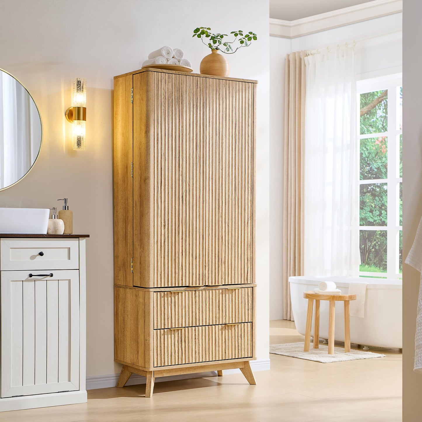 OKD Fluted Pantry Cabinet, Modern Kitchen Hutch, 72" Tall Storage Cabinet with 10 Door Shelves & 2 Drawers, Wood Cupboard for Kitchen & Living Room, Natrual Oak