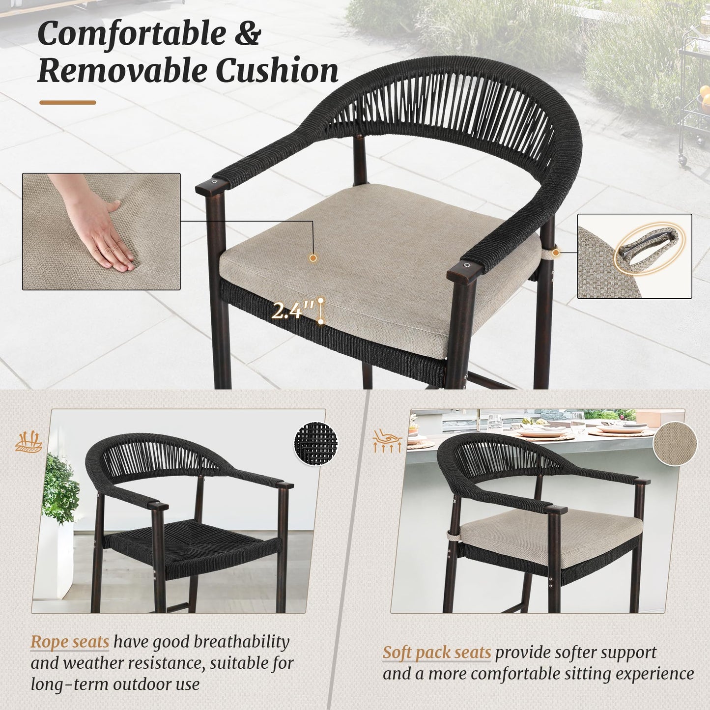 Cozyman Bar Stools Set of 4, 24.8'' Aluminum Outdoor Bar Stool with Removable Cushion, Boho Rattan BarStools, Olefin Rope Woven Bar Chairs with Footrest for Patio, Garden, Pool, Kitchen, Black