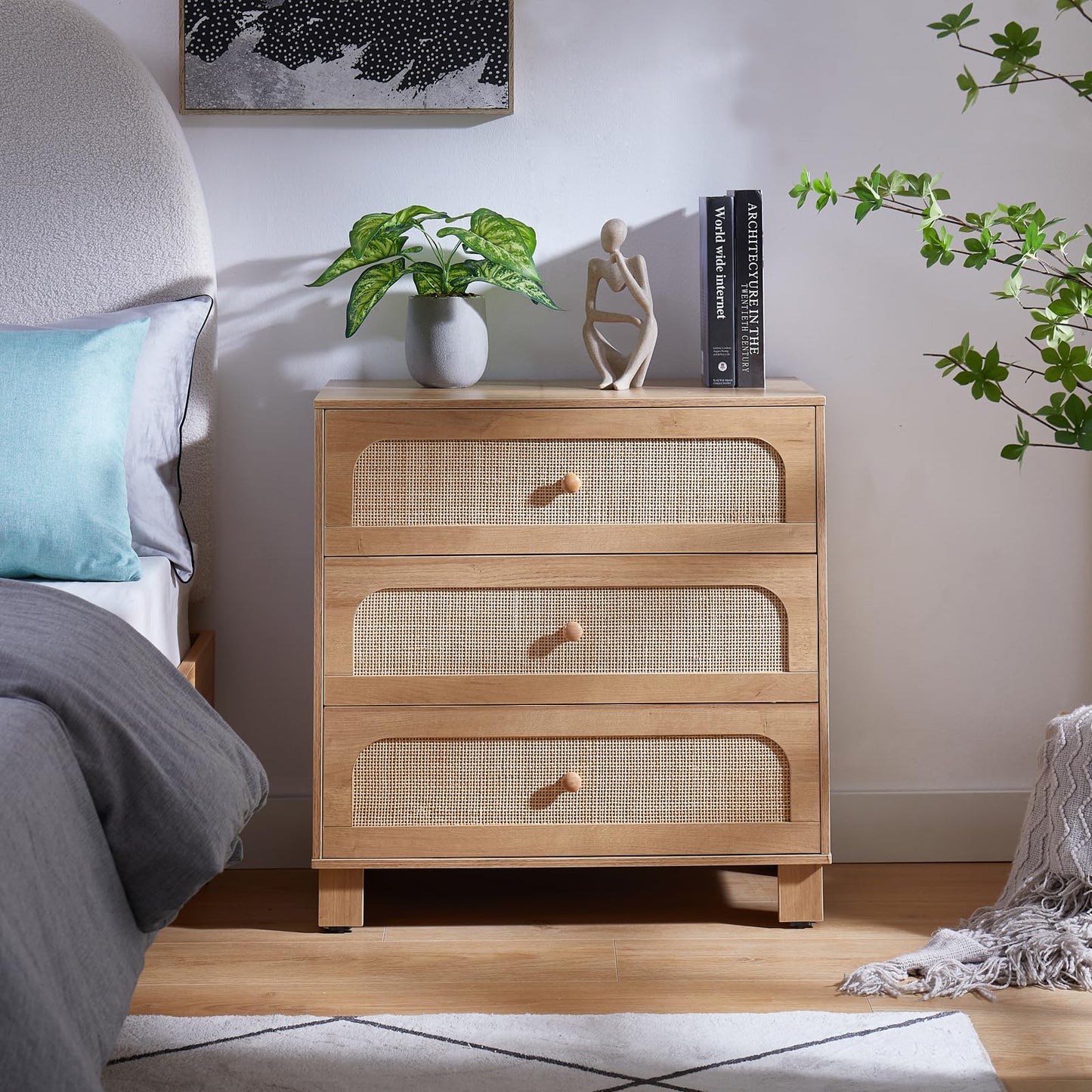 GANLLY 3 Drawer Dresser for Bedroom, Rattan Modern Closet Dressers Chest of Drawers, Wood Oak Storage Chest for Kids Bedroom, Hallway, Living Room