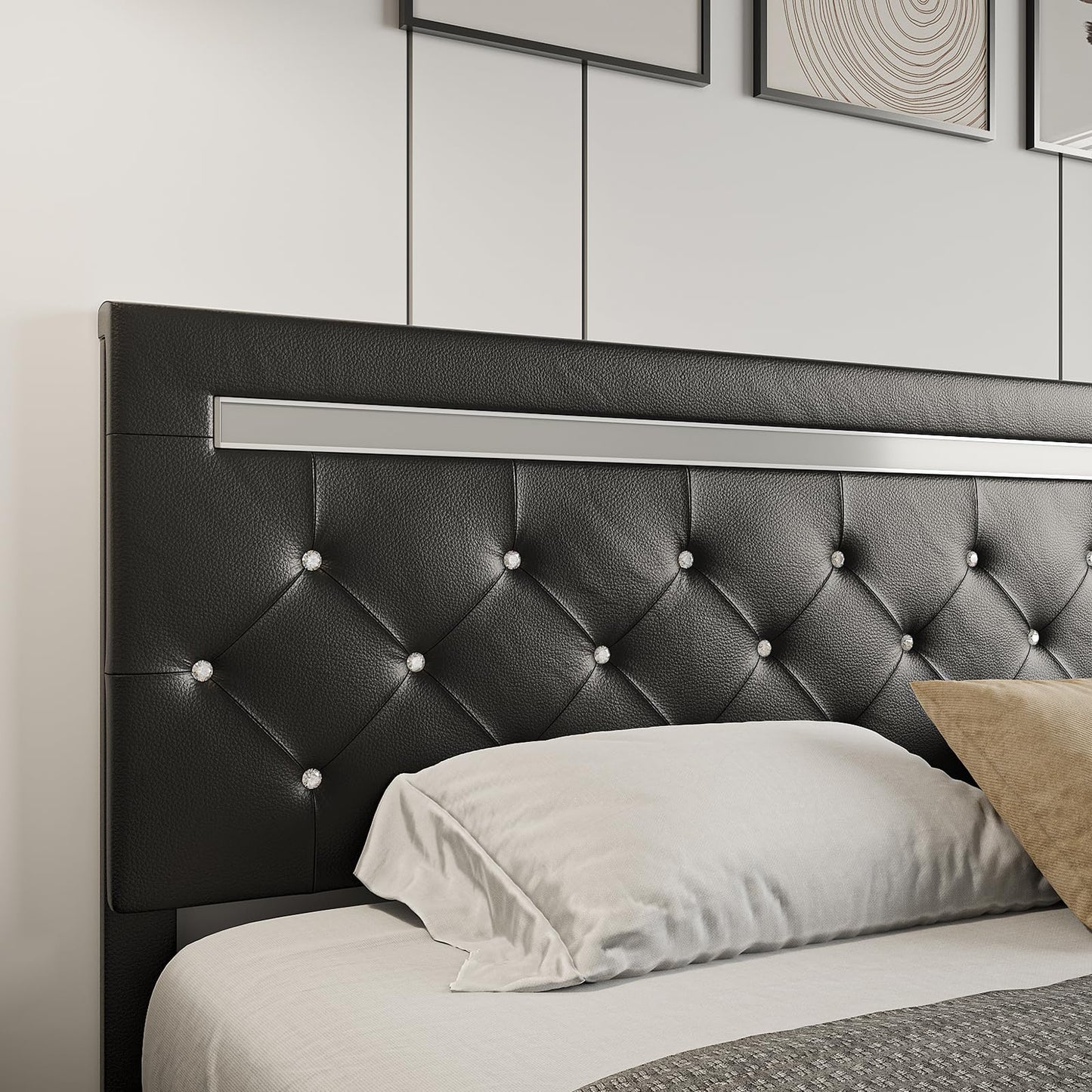 Benevika Full Size Bed Frame with LED Lights, Upholstered Platform Bed Frame with Adjustable Headboard and Charging Station, Wooden Slats Support, Easy Assembly, No Box Spring Needed, Black