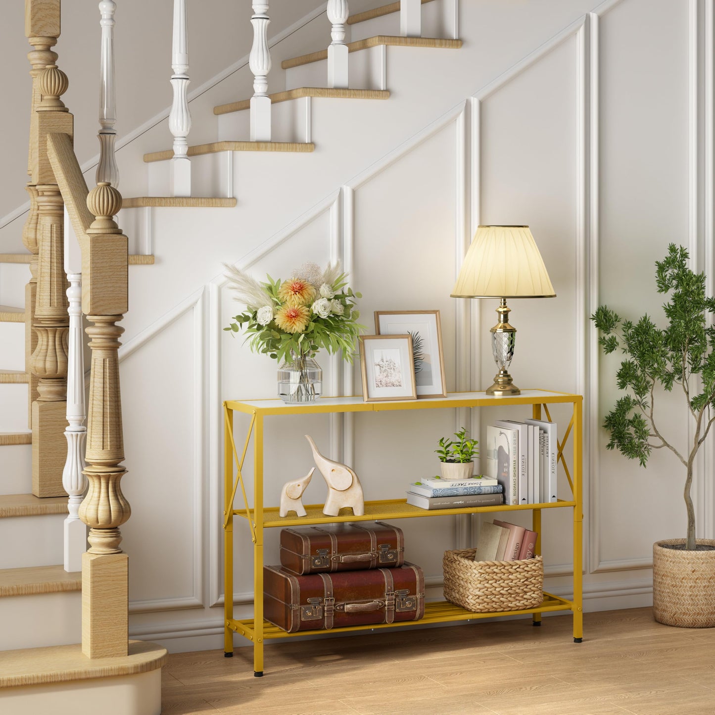 Hoctieon Gold Console Table, 3 Tier Entryway Table, Hallway Table, Narrow Sofa Table with Shelves, Entrance Table for Entryway, Gold and White