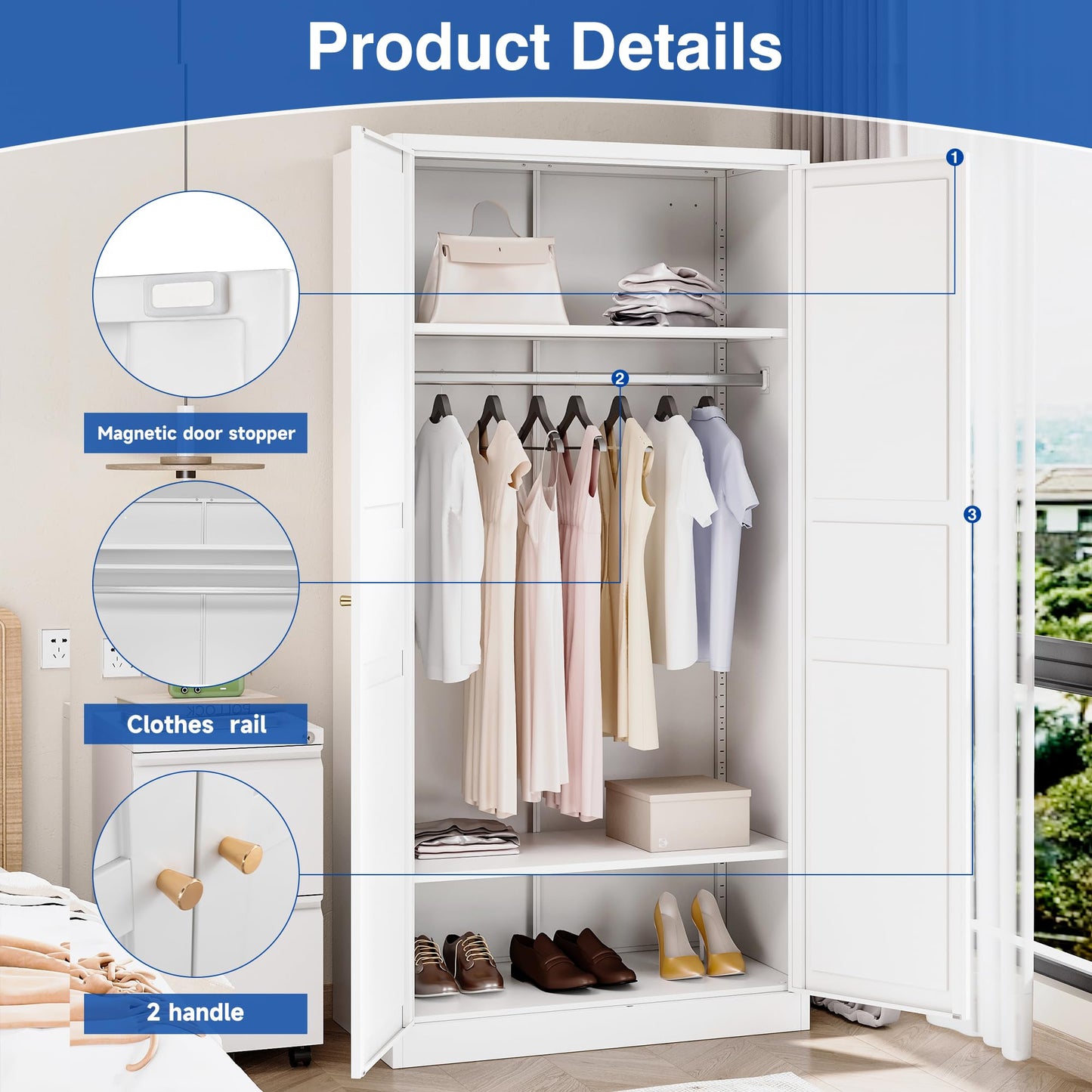 BYNSOE Metal Armoire Wardrobe Closet with 2 Doors 72'' Wardrobe Cabinet with Hanging Rail Metal Closet with Adjustable Shelves for Bedroom Require Assembly(White, 72inch)