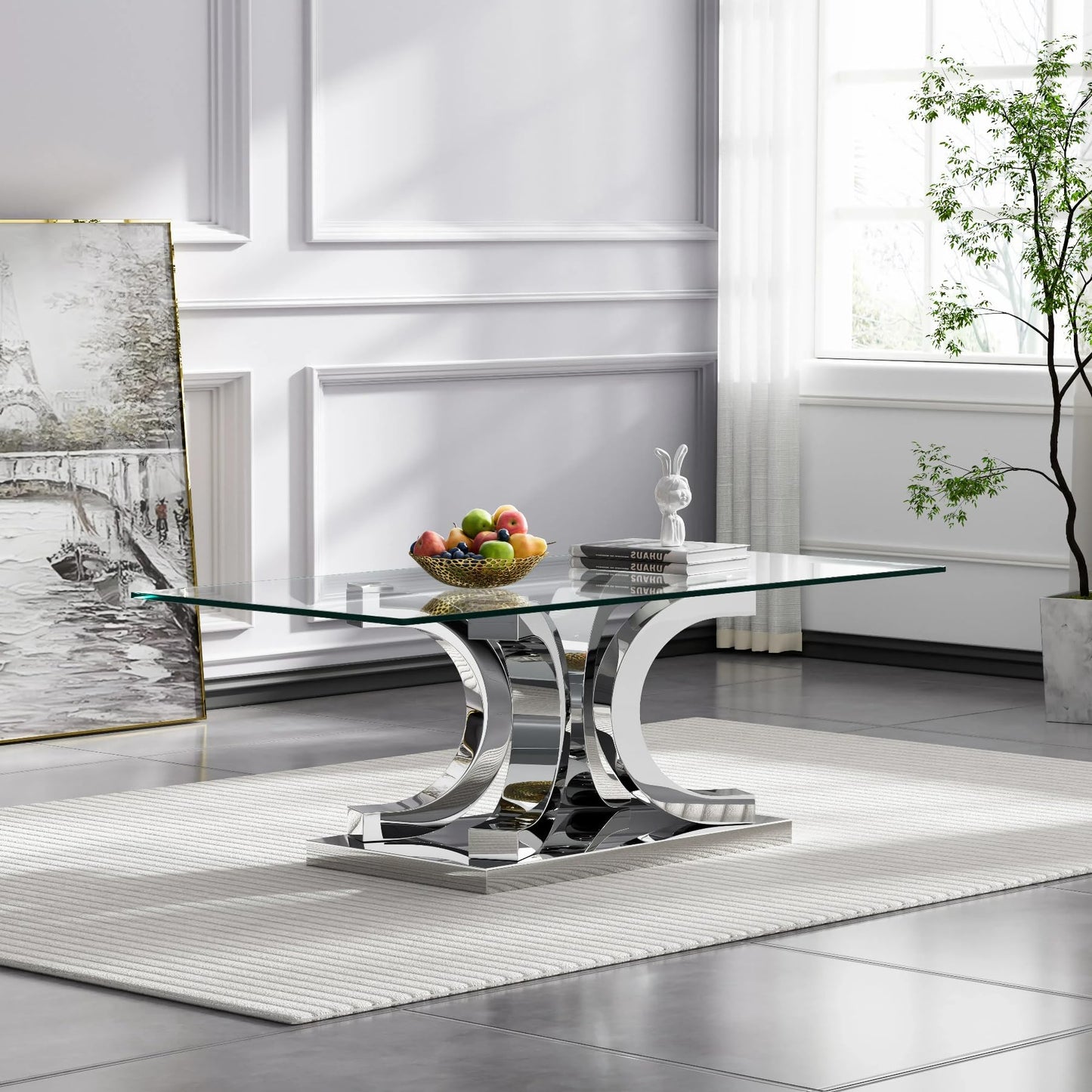 Glass Coffee Table with Silver C-Shaped Stainless Steel Base, Modern 47" Rectangular Center Table Clear Glass Top Accent Cocktail Tea Table for Living Room Bedroom Home Office