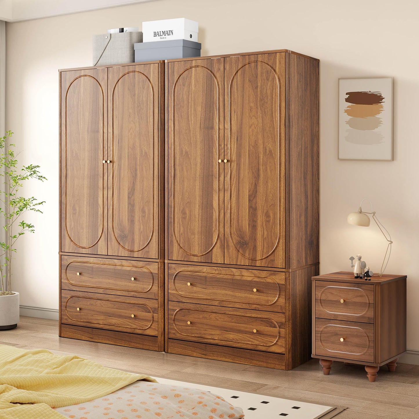 ORRD Fluted Freestanding Armoire Wardrobe Closet with 2 Doors and 2 Storage Drawers, Large Capacity Wardrobe Cabinet, Wooden Closet for Bedroom, Living Room - Walnut