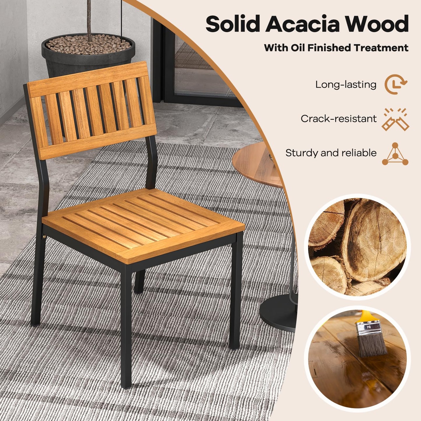 Tangkula Patio Dining Chair Set of 2, Outdoor Armless Chairs w/Metal and Acacia Wood Frame, All-Weather Bistro Chairs, for Indoor Lawn Backyard Patio Garden Deck Balcony