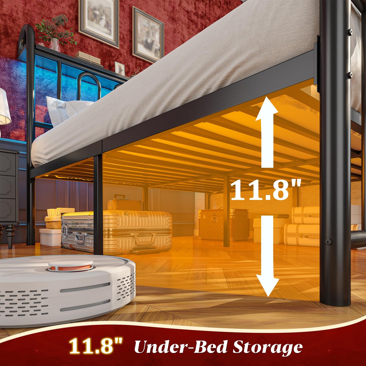 Homkdom King Size Bed Frame Metal Platform Bed Frame/Victorian Headboard/LED Light/Sturdy Mattress Foundation with Under Bed Storage/No Box Spring Needed/Noise-Free/Easy Assembly, Black