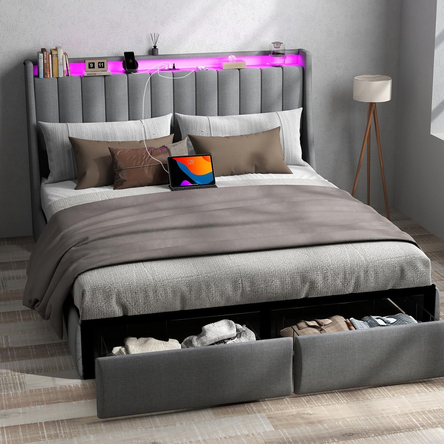 Queen Bed Frame with Headboard and 2 Storage Drawers, Platform Bed Frame Queen Size Upholstered with LED Lights and Charging Station, Steel Slat Support, No Box Spring Needed, Easy Assembly, Gray