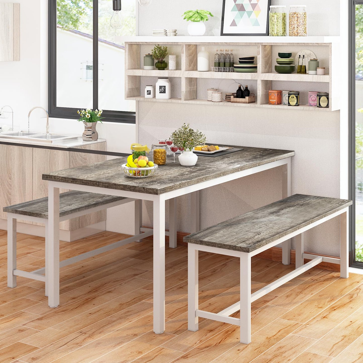 LinkRomat Dining Room Table Set with 2 Benches Dining Table Set for 4, Farmhouse Breakfast Table Set for Small Spaces, Apartment (Grey & White)