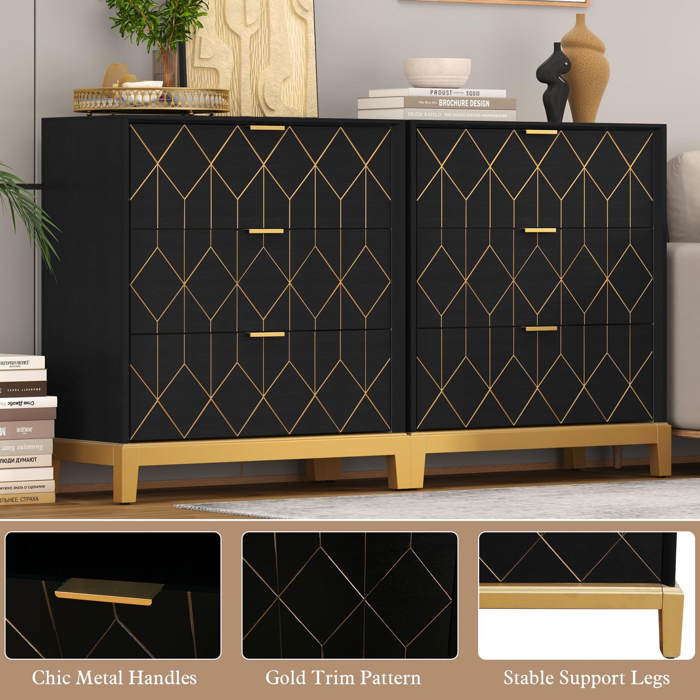 HLR 3 Drawer Dresser for Bedroom, Modern Wood Chest of Drawers with Gold Trim, Accent Dresser Storage Tower, Black Organizer Cabinet for Closet, Living Room, Hallway, Entryway