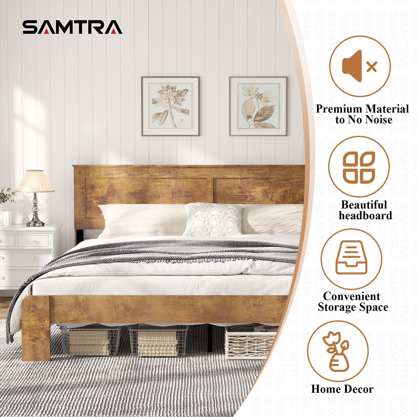 SAMTRA Wooden Bed Frame King Size with Headboard, Farmhouse Platform Bedframe with Wood Slat Support, Sturdy Framework Bed Frame, Easy Assembly (Rustic Brown)