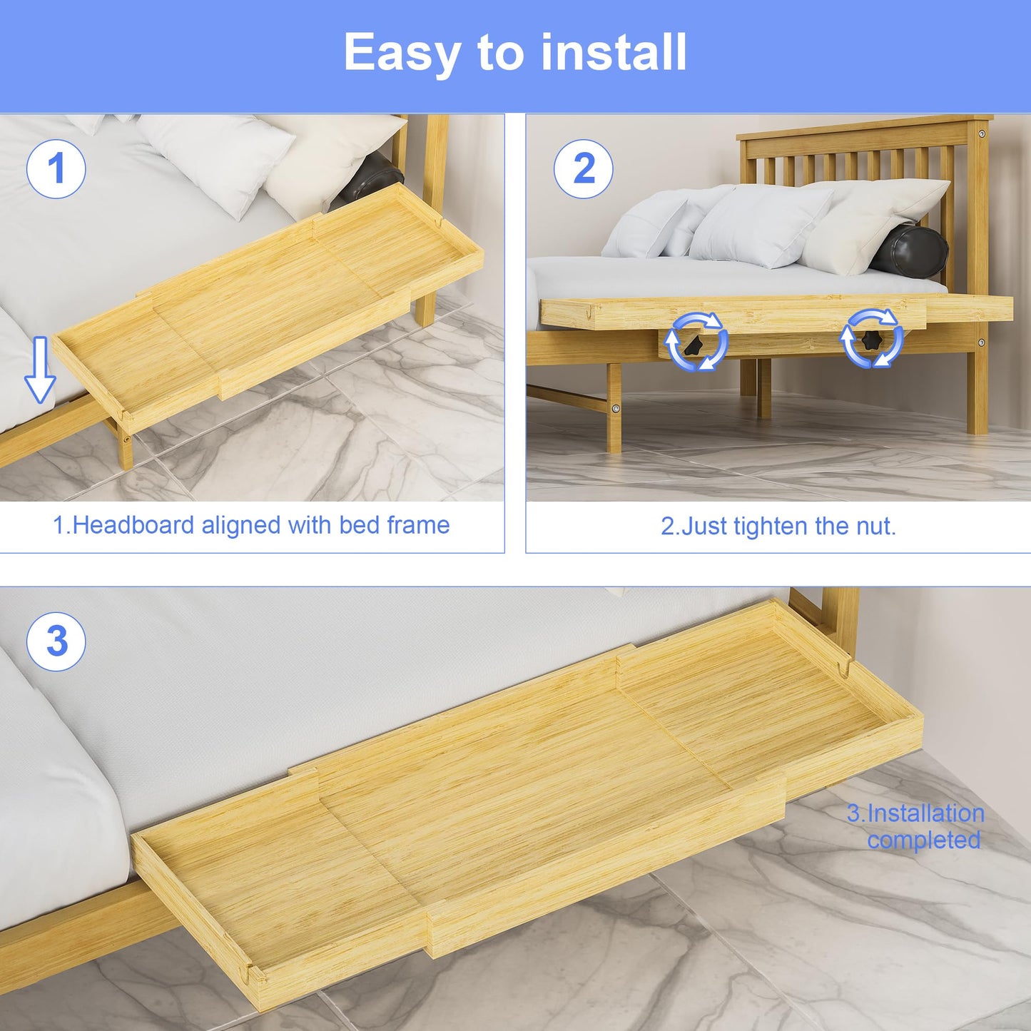 MinBoo Bedside Shelf Expandable Bamboo College Caddy for Top Bunk Clip Nightstand Shelf Floating Bed Side Table Tray Storage Dorm Room Decor High Capacity