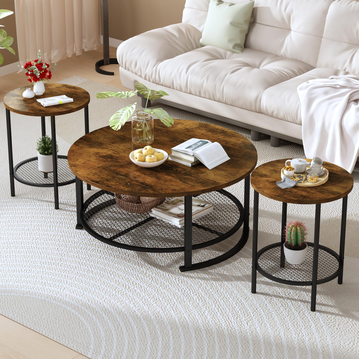 DKLGG 3-Piece Coffee Table and End Table Sets for Living Room, Round Coffee and End Table Set of 3 with Large Storage, Modern Farmhouse Furniture for Apartment Home (Rustic Brown)