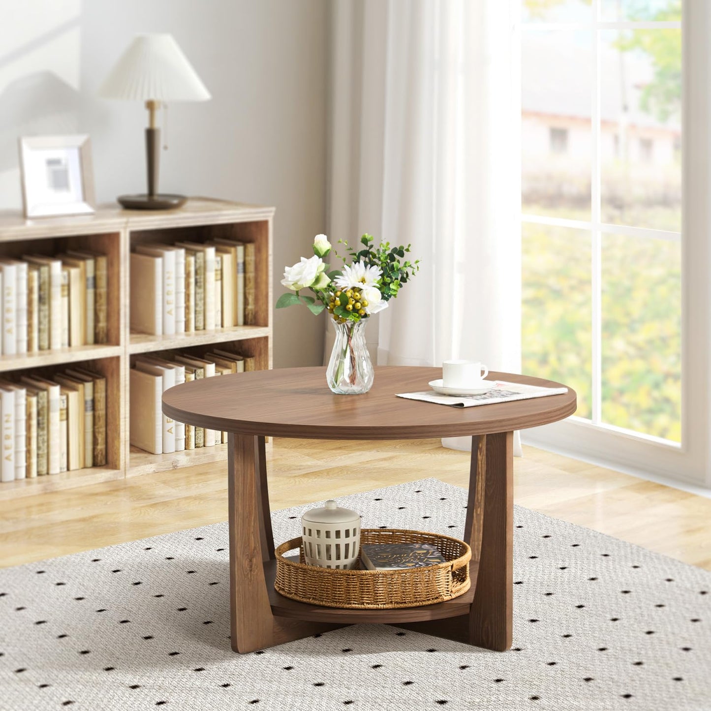 BECHAEO 31.5'' Round Coffee Table with Solid Wood Pine Legs, 2-Tier Retro Round Coffee Table with Storage Shelf, Small Modern Wood Circle Coffee Table Boho Round Center Table for Living Room (Walnut)