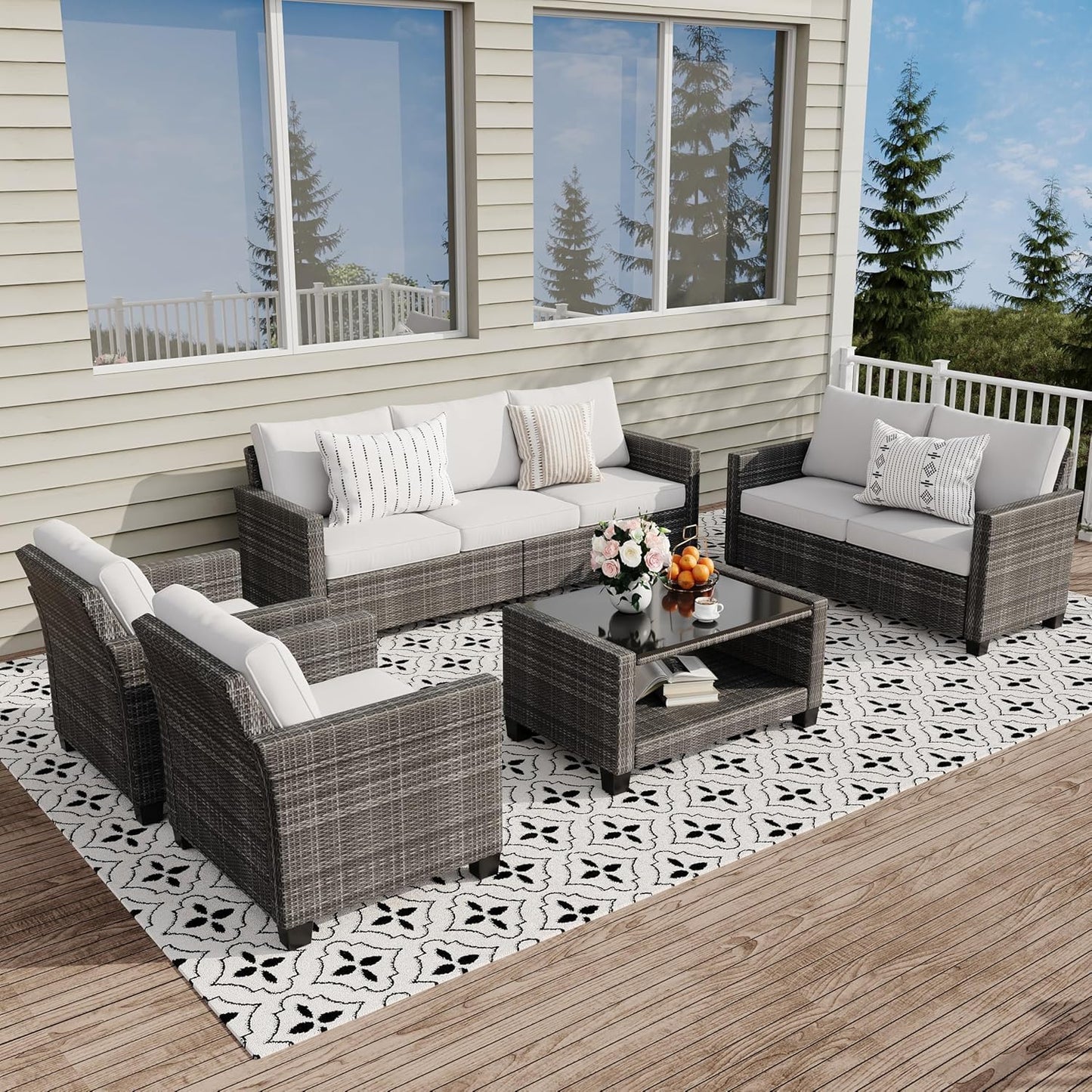 GAOMON 5 Piece Outdoor Patio Furniture Sets, Wicker Conversation Set for Porch Deck, Gray Rattan Sofa Chair with Blue Cushion, Brown