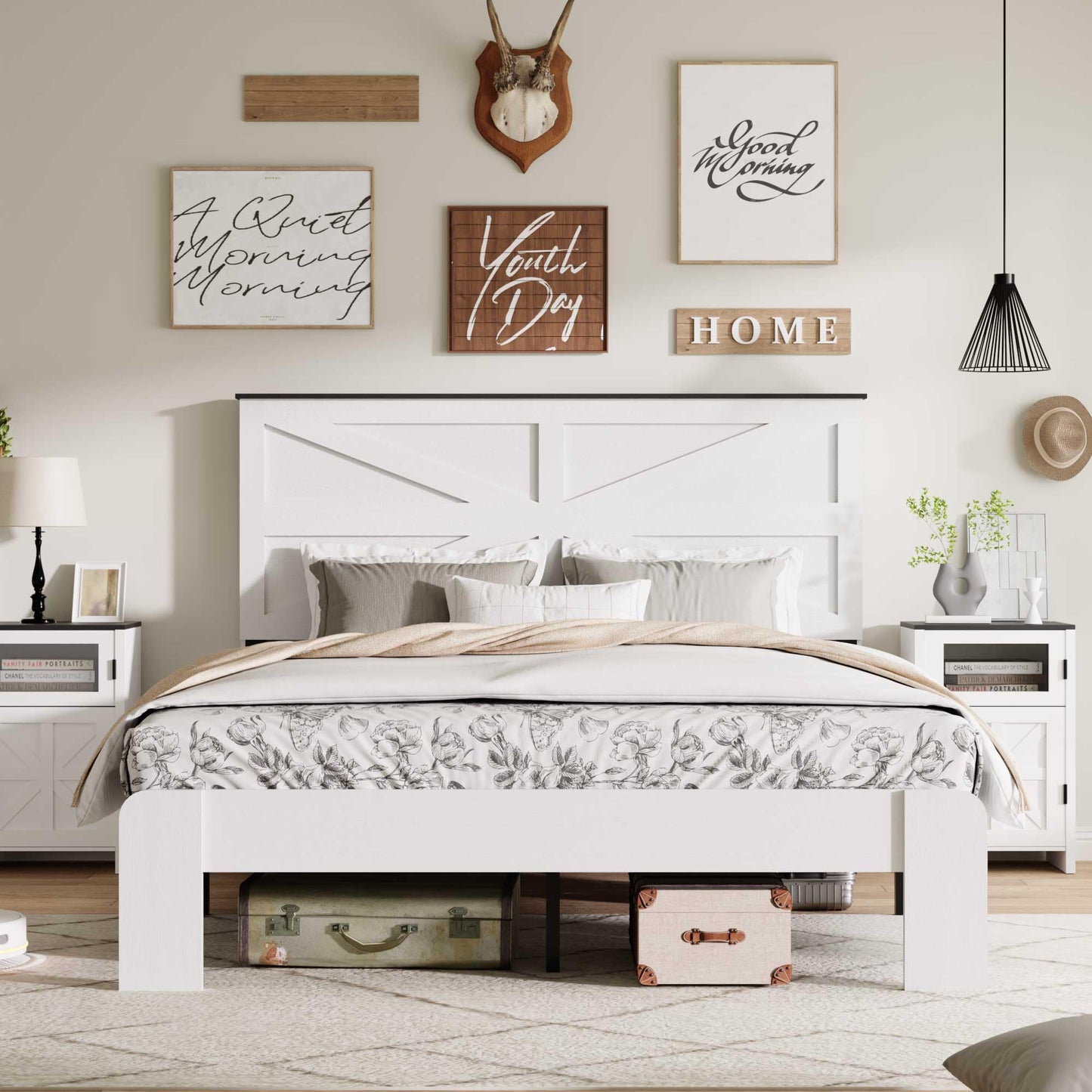 PAUKIN King Size Farmhouse Wooden Bed Frame with Headboard, Boho Platform Bedframe Sturdy Metal Slats Support, Spring Needed, Noisy Free, Easy Assembly (King, White)