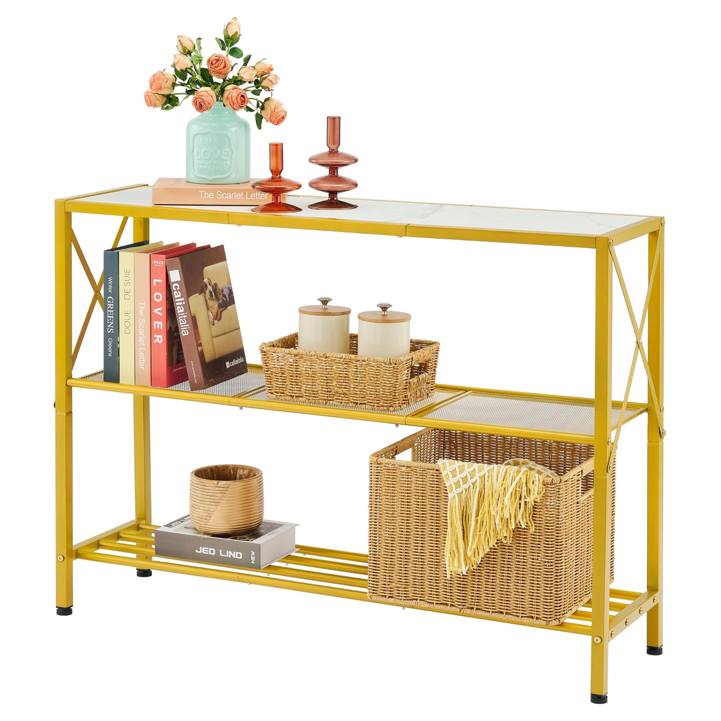 Hoctieon Gold Console Table, 3 Tier Entryway Table, Hallway Table, Narrow Sofa Table with Shelves, Entrance Table for Entryway, Gold and White