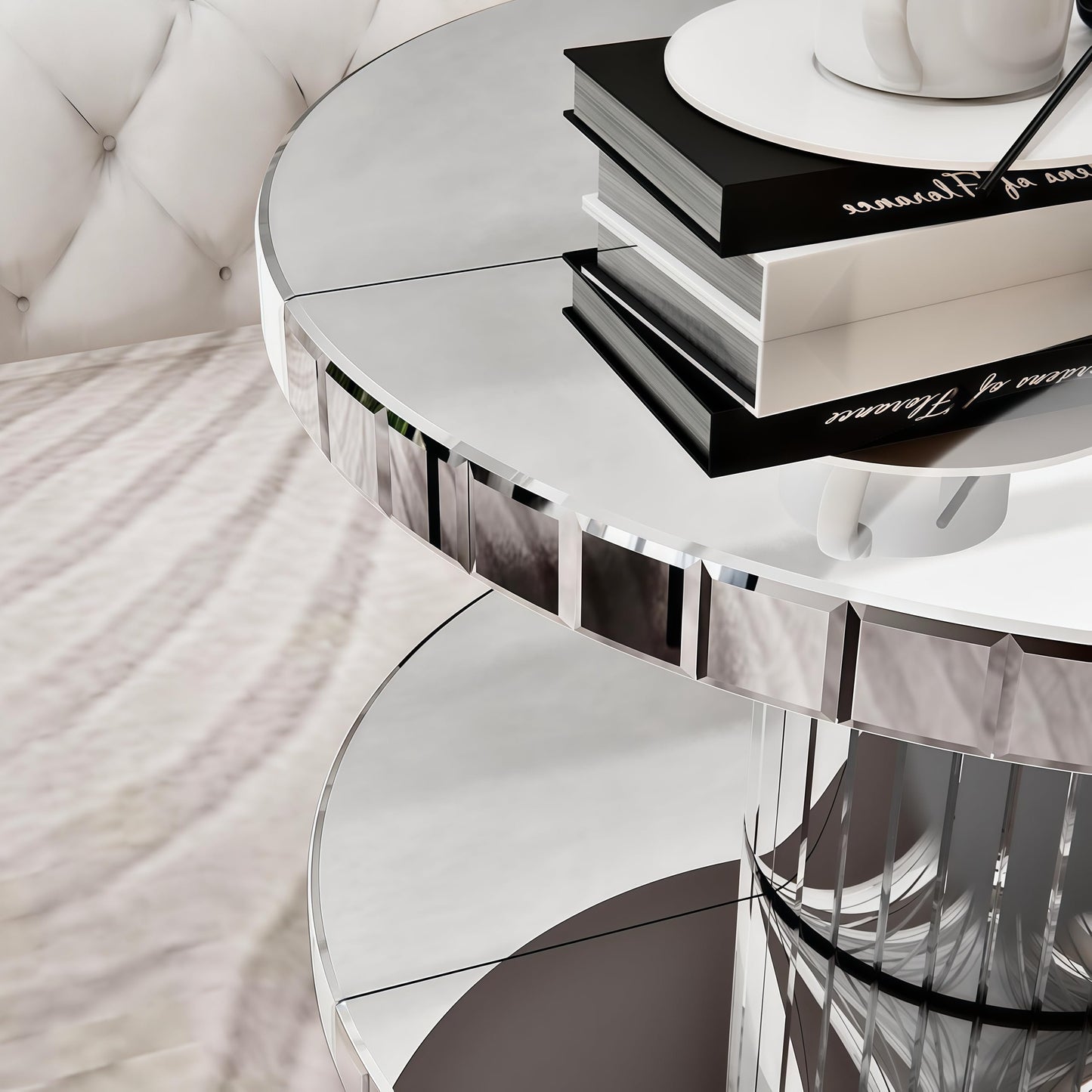Maotifeys Round Mirrored Coffee Table with Silver Mirror Cylinder Frame, 31.5" Modern Glass Sofa Table Gorgeous Circle Mirror Center Tables for Living Room, Office