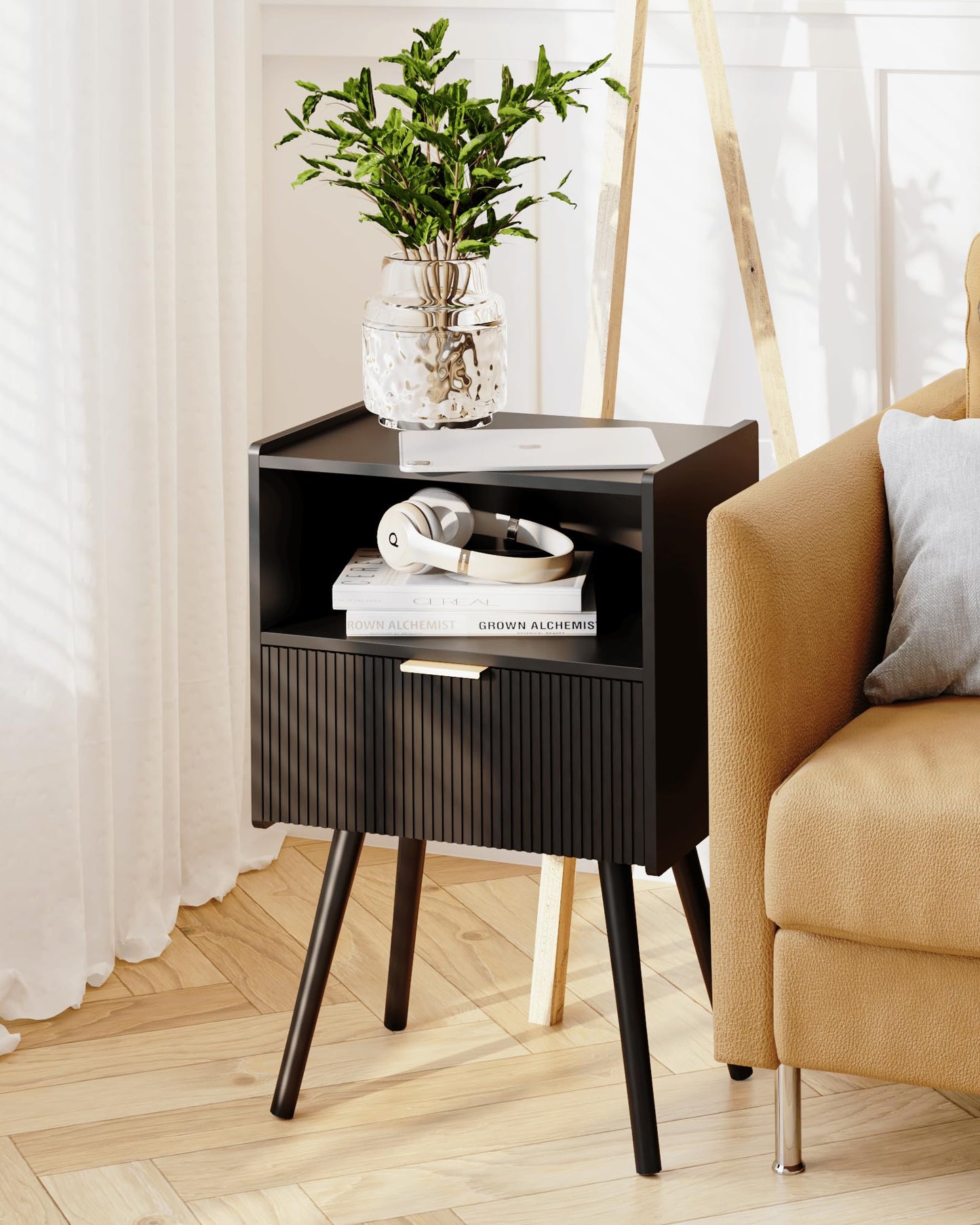 JOONEE Black Nightstand,Modern Bedside Table with Storage Drawer and Open Wood Shelf, for Living Room, Bedroom and Small Spaces, Accent Night Stand with Solid Wood Legs, Easy Assembly,Classic Black