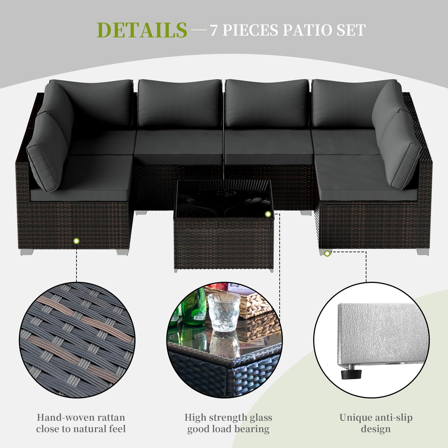 ELEGIBLISS 7 Pieces Patio Furniture Set - Outdoor Sectional Wicker Rattan Furniture with Cushion and Glass Table Patio Conversation Sets for Porch Poolside Backyard Outdoor Sofa Set Modular Sofa