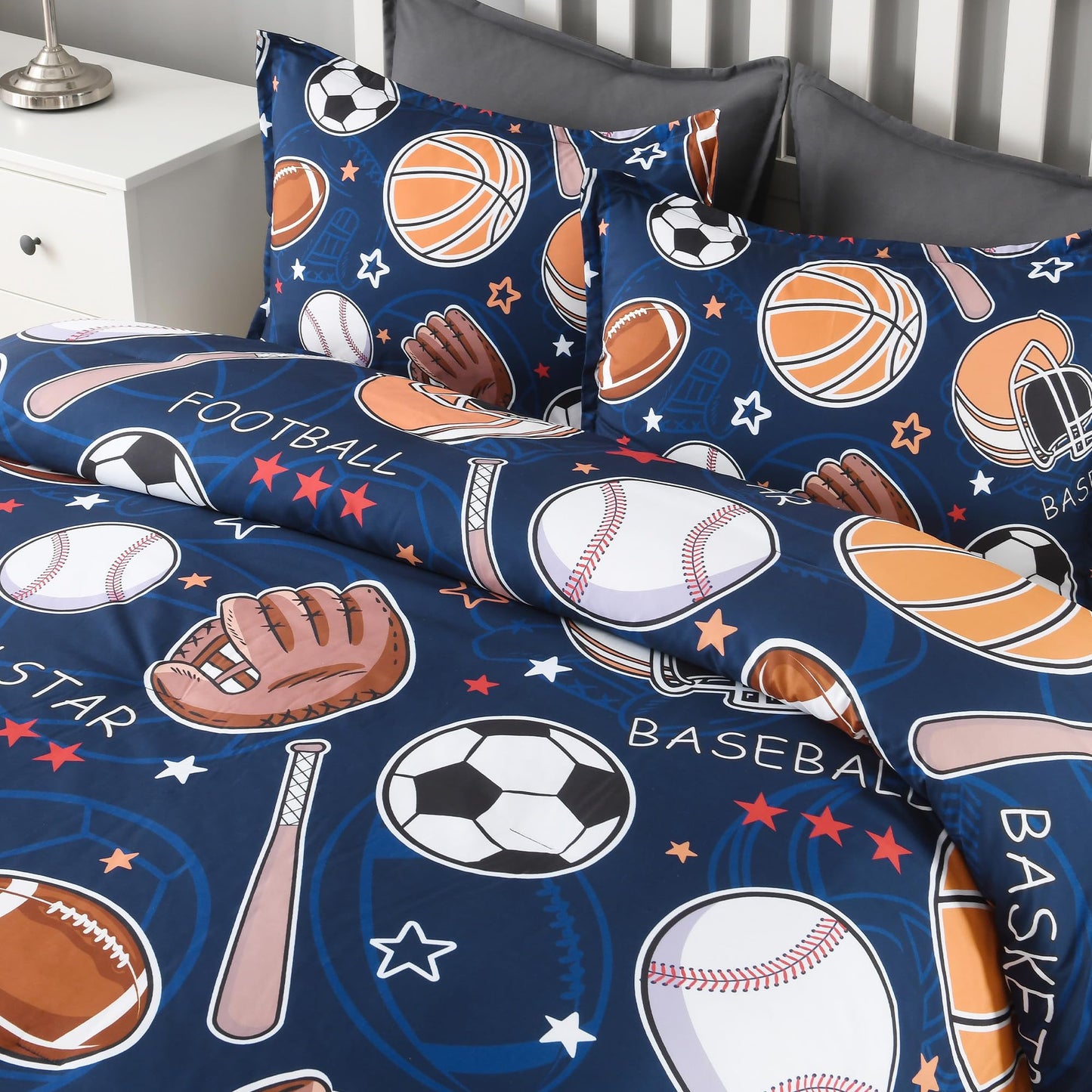 Andency Cartoon Ball Games Comforter Queen(90x90 Inch), 3 Pieces(1 Comforter, 2 Pillowcases) Soccer Basketball Baseball Football Comforter Set Sport Microfiber Bedding Set for Boys Girls Kids Teens
