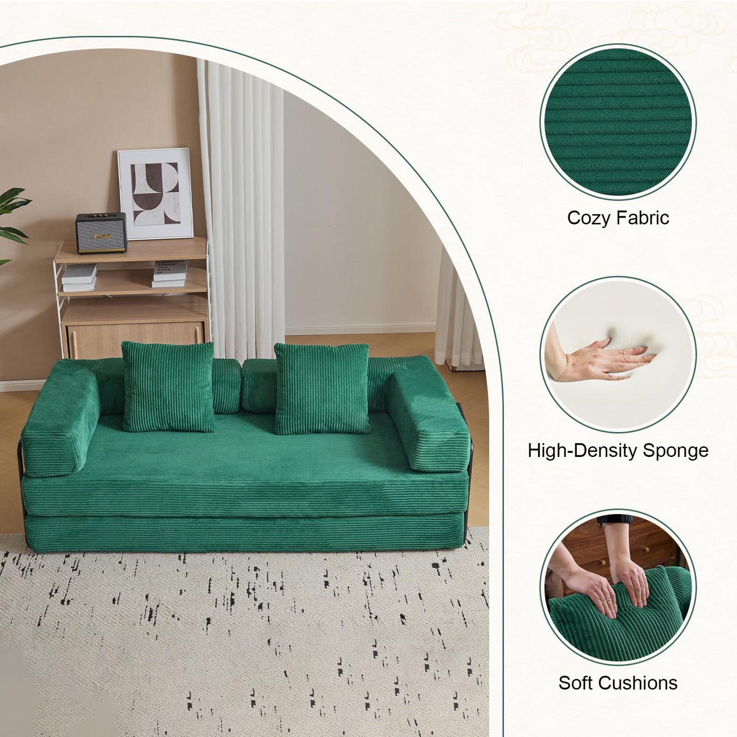 ETCZOYE Folding Sofa Bed, Modular Sectional Cloud Couch, Convertible Sleeper Sofa Bed with Pillow Back Support Armrest for Living Room Bedroom Lounge, No Assembly Required, Corduroy (Dark Green)