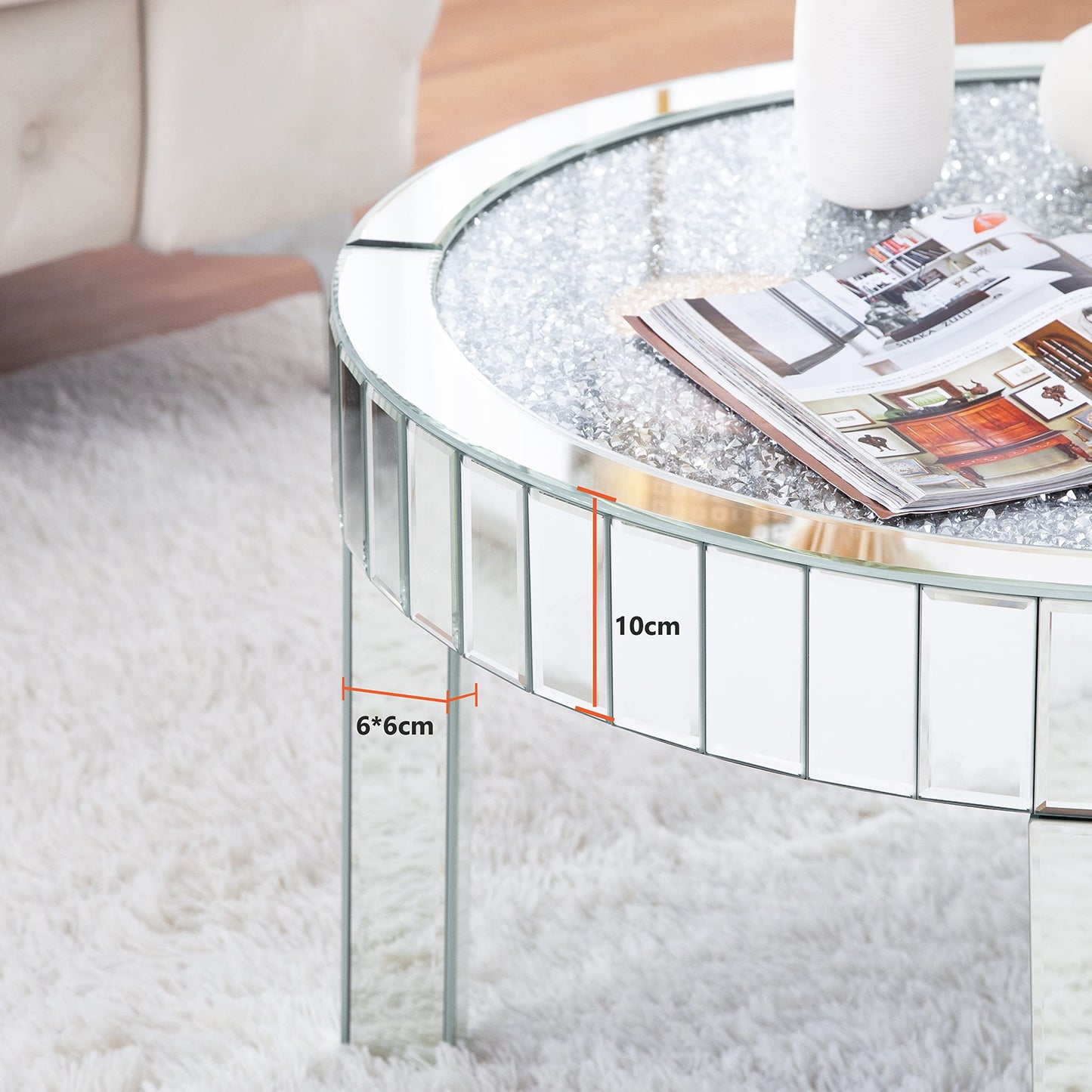 blingworld Mirrored Coffee Table with Crystal Inlay, 31.5'' Modern Round Coffee Table with Mirror Surface, Silver Accent Table for Living Rooms Bedrooms Entryways Decor